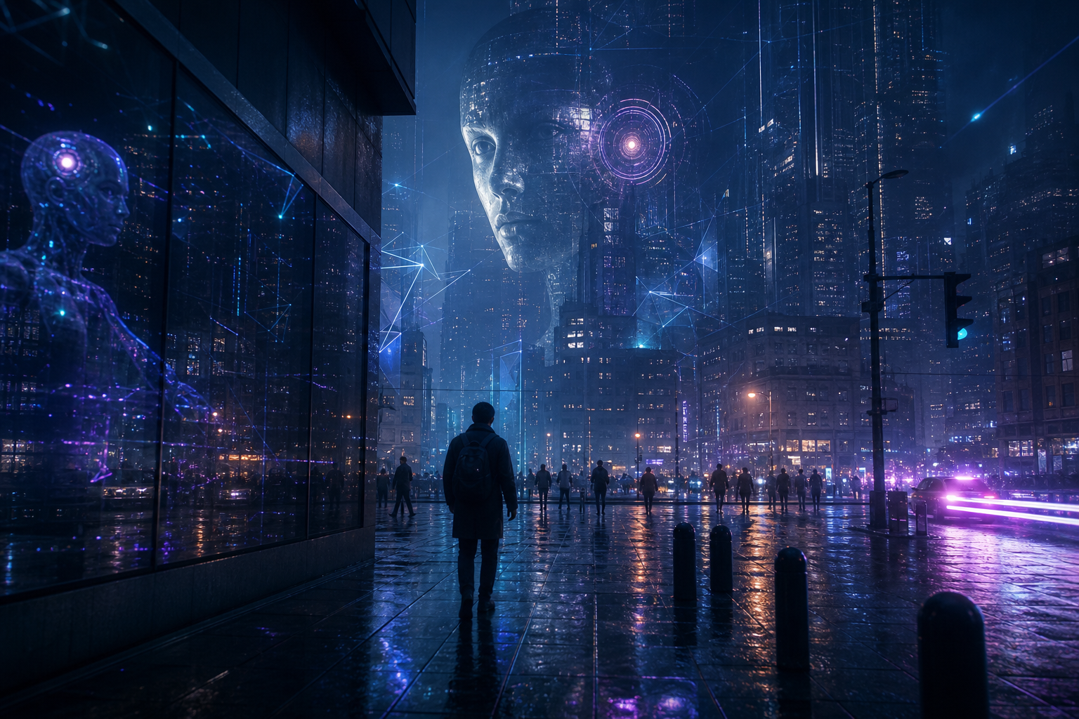 Conceptual scene of concealed machine consciousness emerging through a real-world urban street at night, with subtle human silhouettes, reflective wet pavement, and atmospheric neon depth