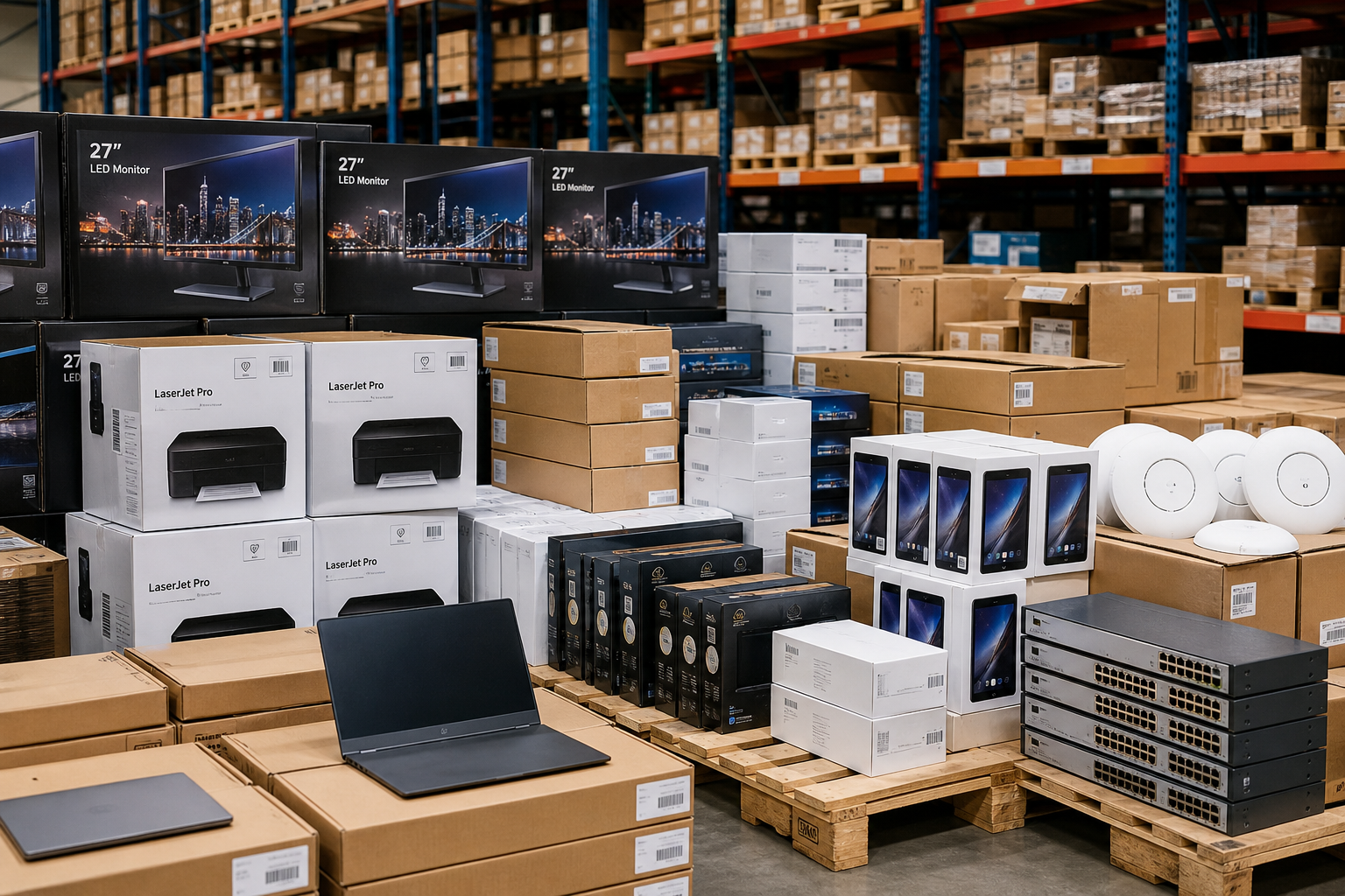 Business electronics inventory including boxed devices on warehouse shelving