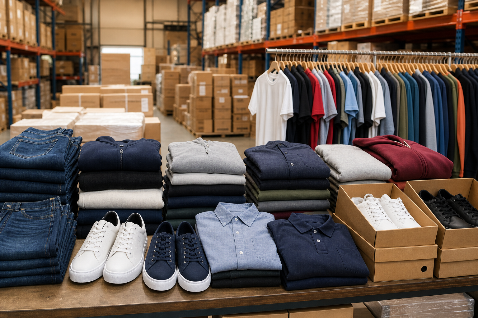 Wholesale clothing and footwear assortments prepared for retail and reseller orders