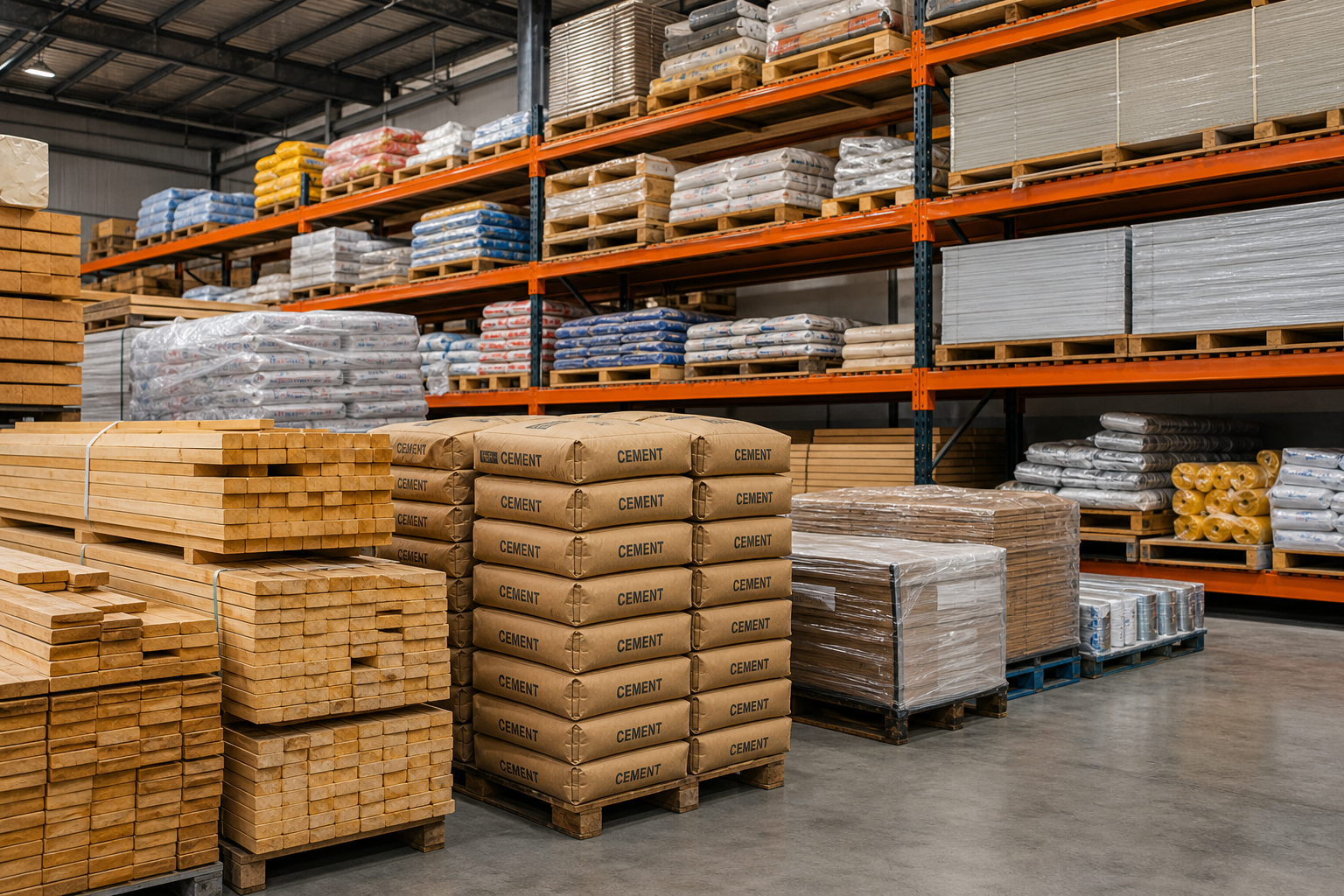 Commercial stacks of construction and building materials in a wholesale warehouse