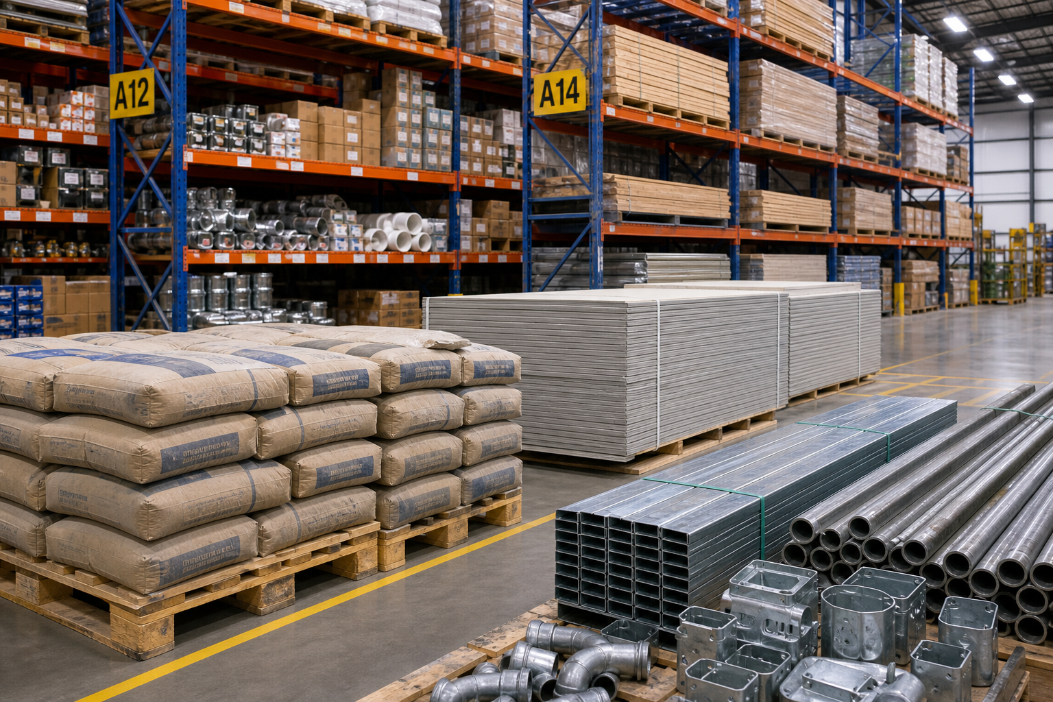 Professional construction materials staging area with palletized cement bags, stacked drywall sheets, steel studs, conduit, and safety-marked project supply lanes in a clean warehouse
