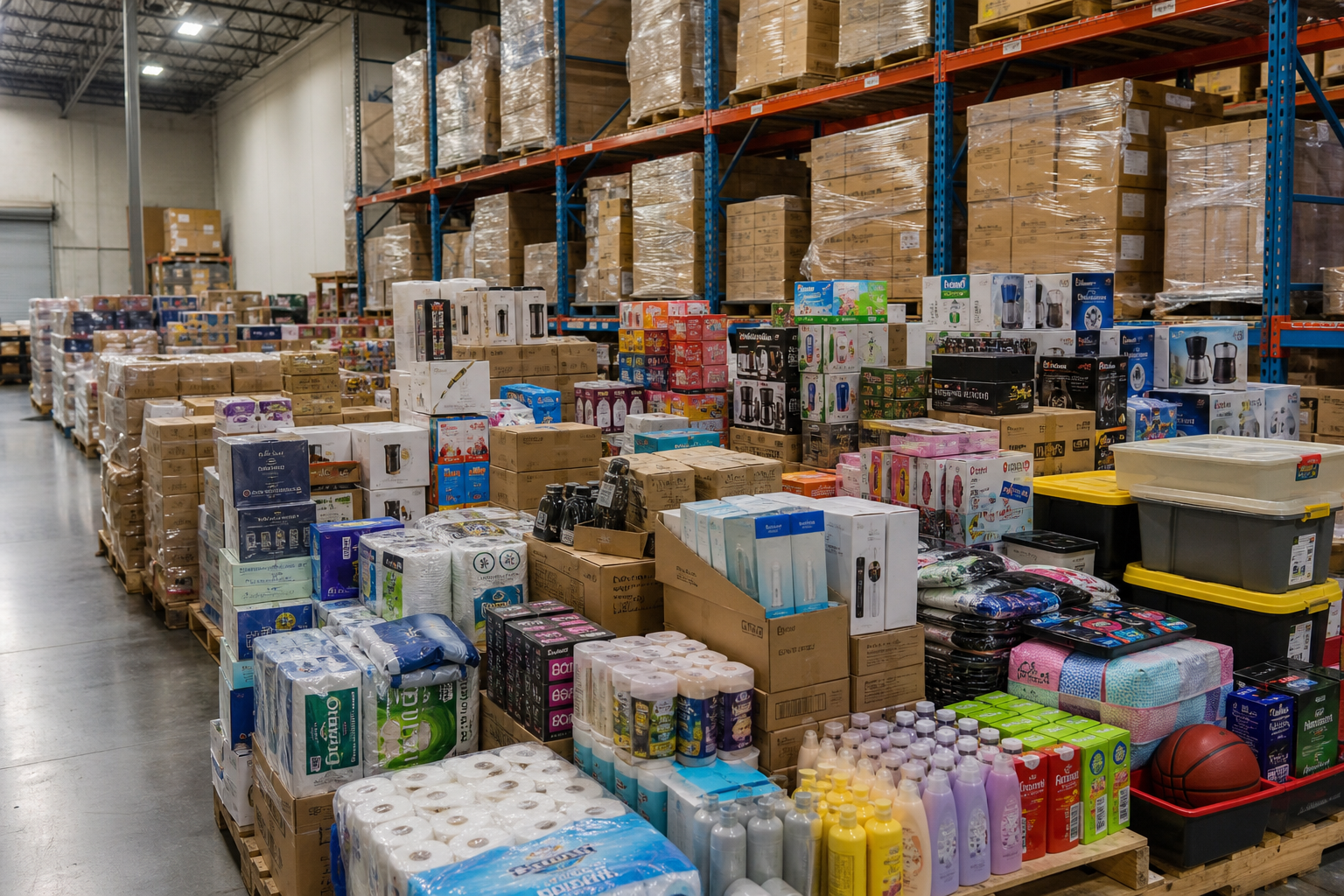 General merchandise assortment on wholesale pallets for business buyers