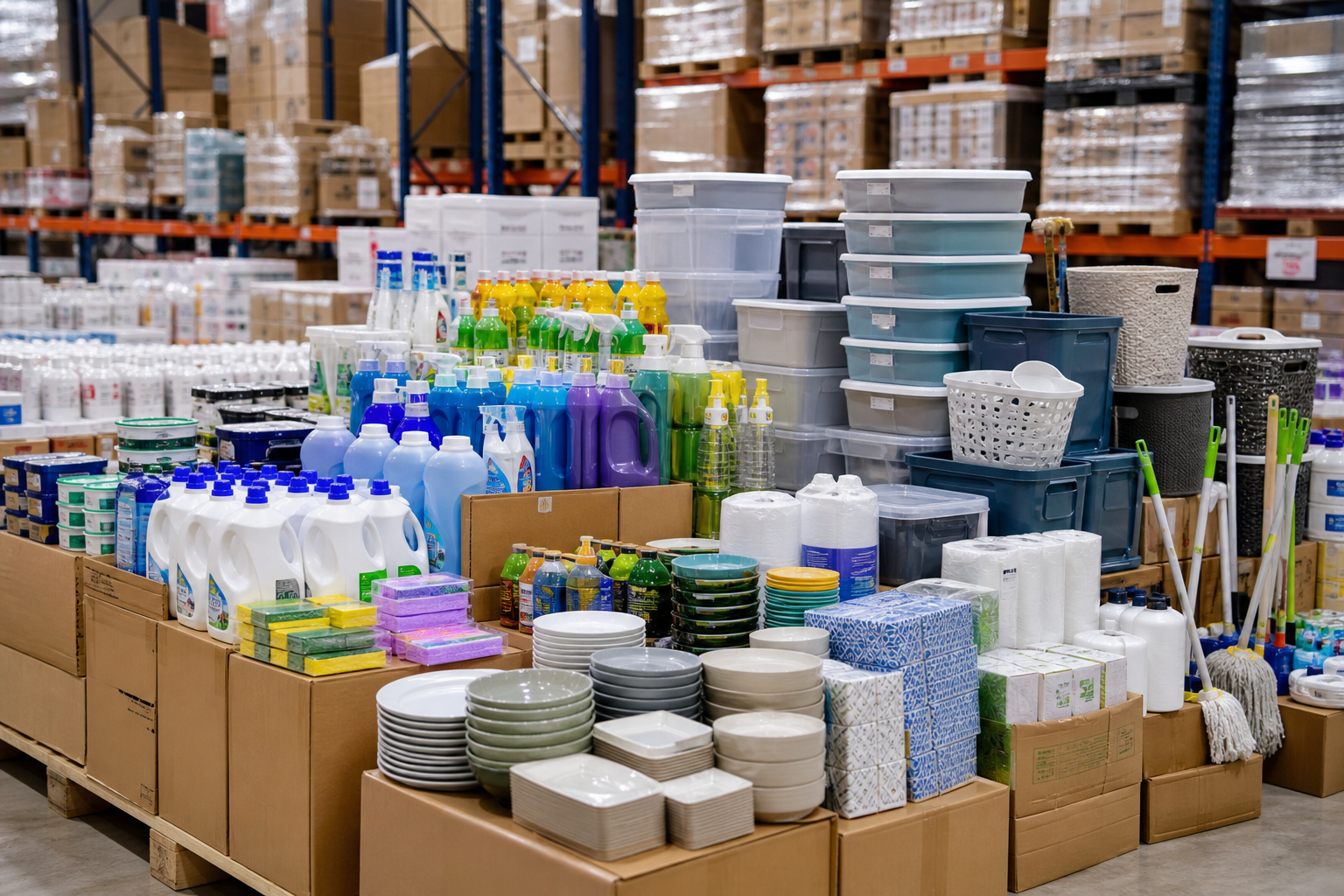 Bulk household goods assortment arranged for wholesale fulfillment