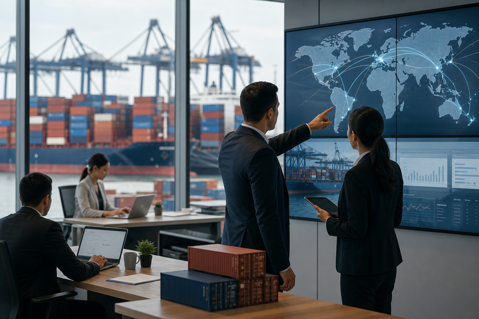 Global trade and logistics business visual showing coordinated shipping and international sourcing operations