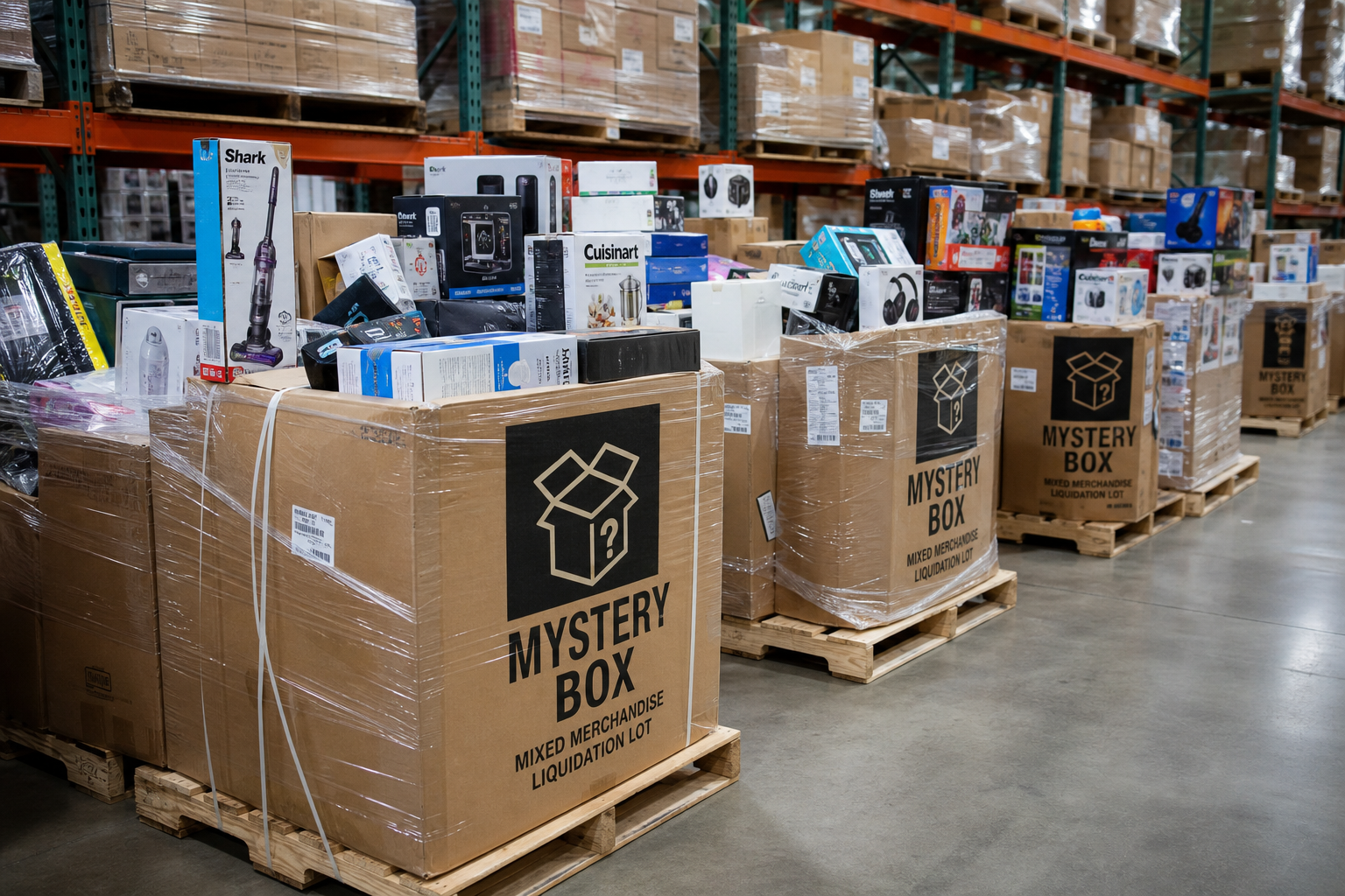 Sealed mixed-merchandise boxes and assorted consumer goods prepared on warehouse pallets for wholesale liquidation lots