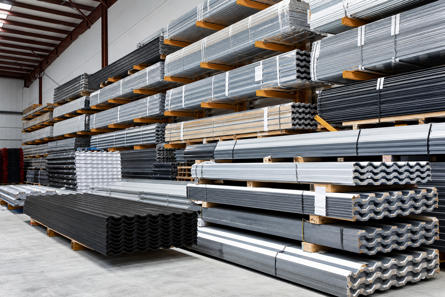 Wholesale roofing panels and steel inventory organized on industrial racks