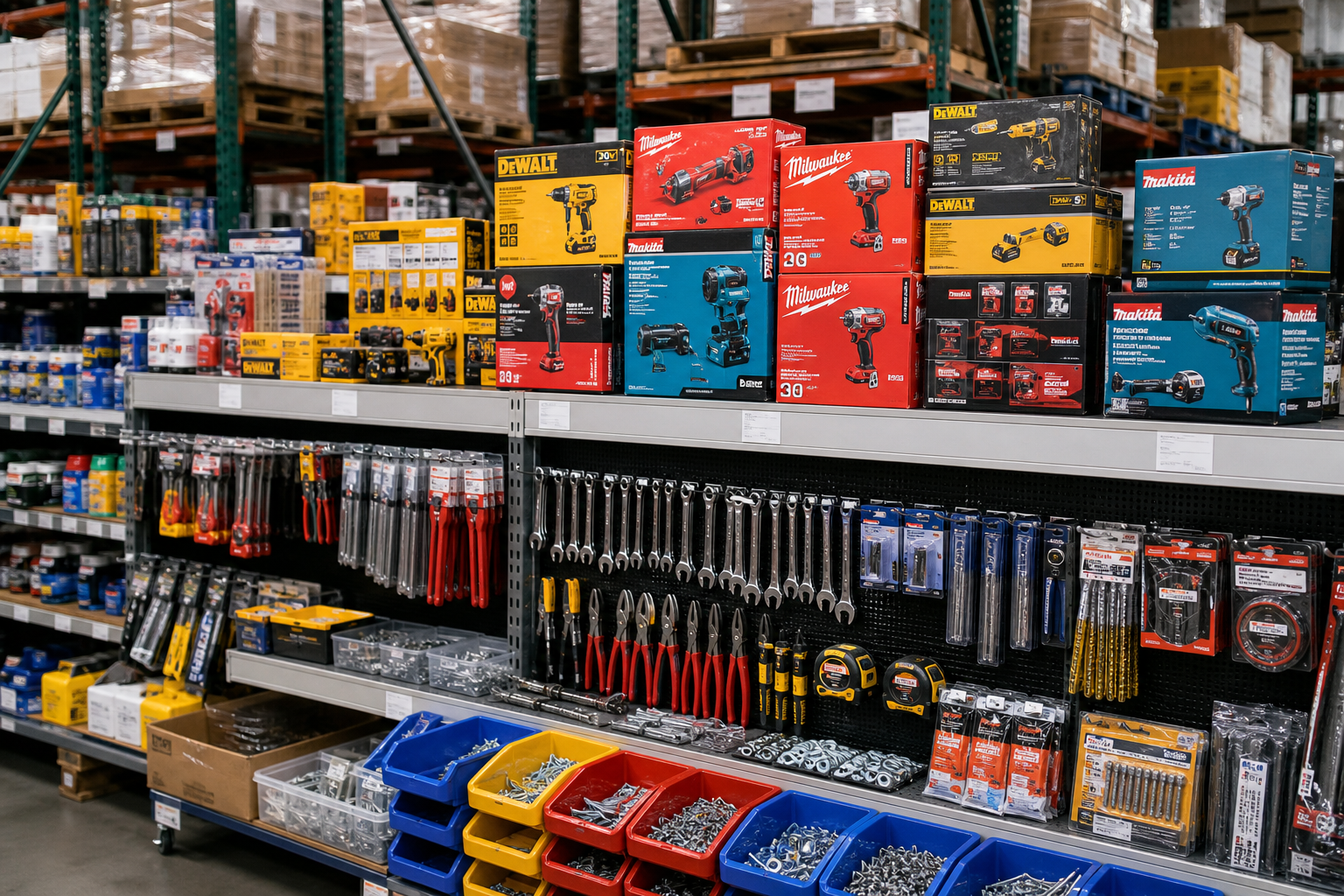 Professional tools and hardware products displayed for wholesale distribution