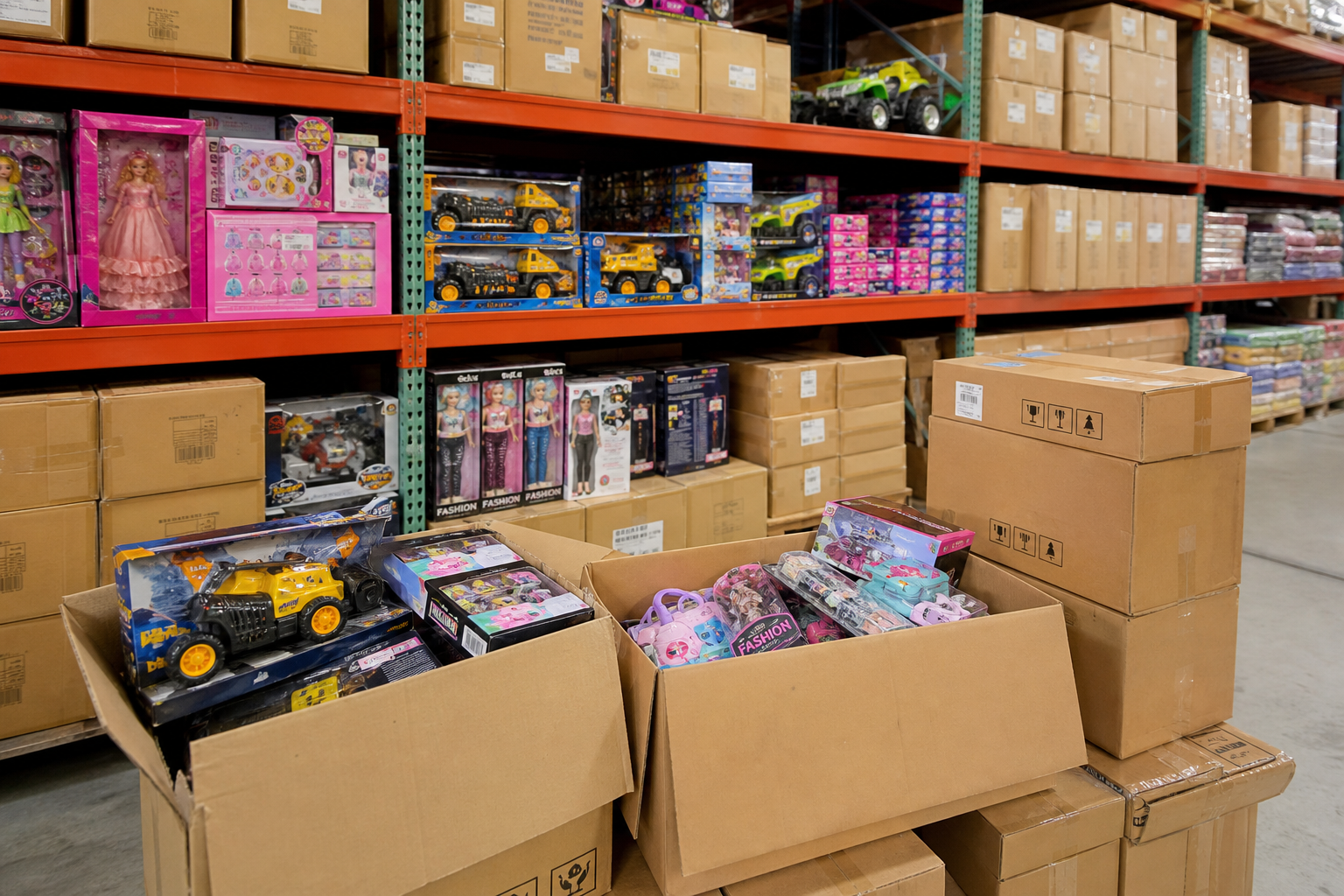 Trade-ready toys and accessories merchandise arranged in wholesale cartons