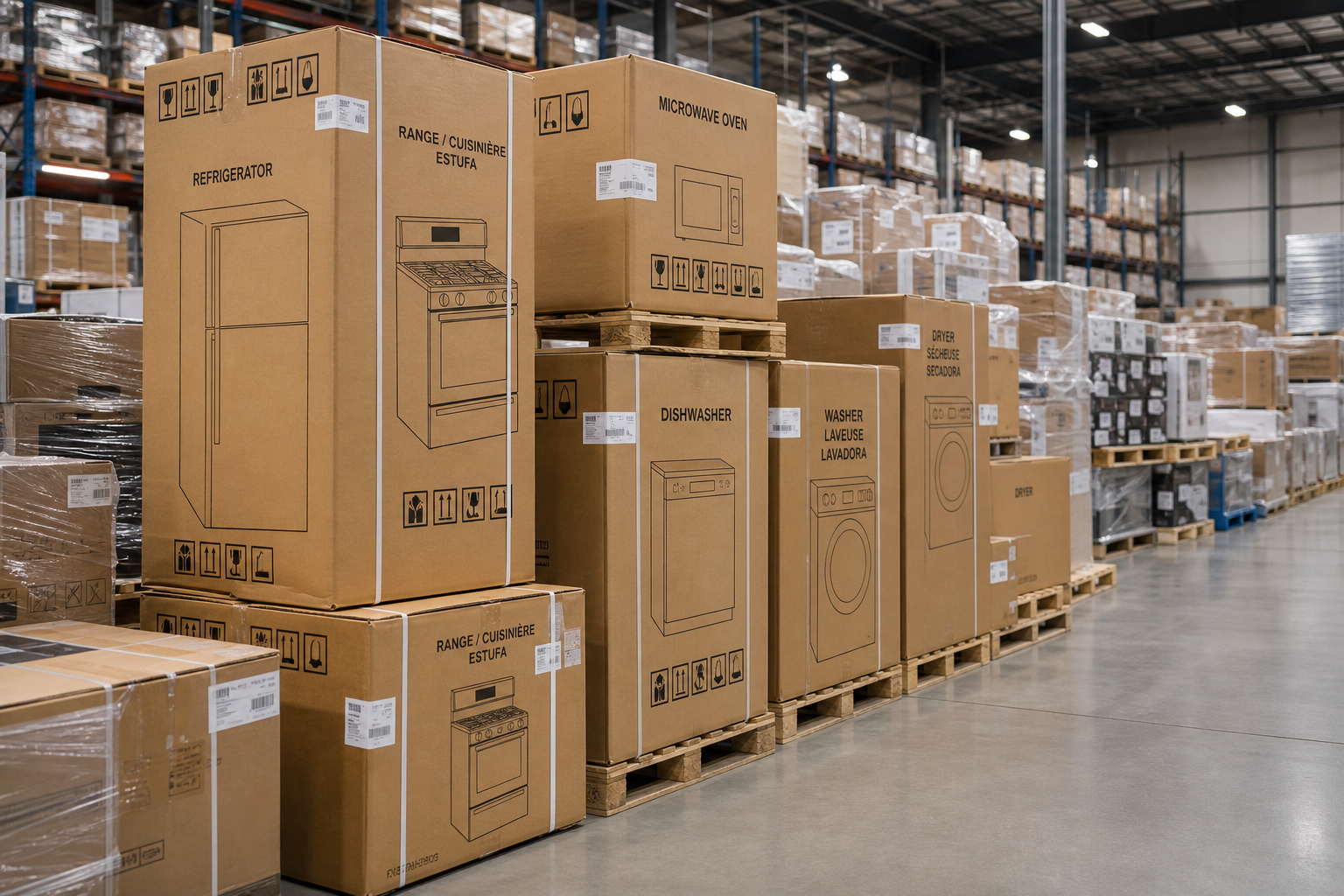 Wholesale appliance inventory with boxed kitchen and home units in a distribution center