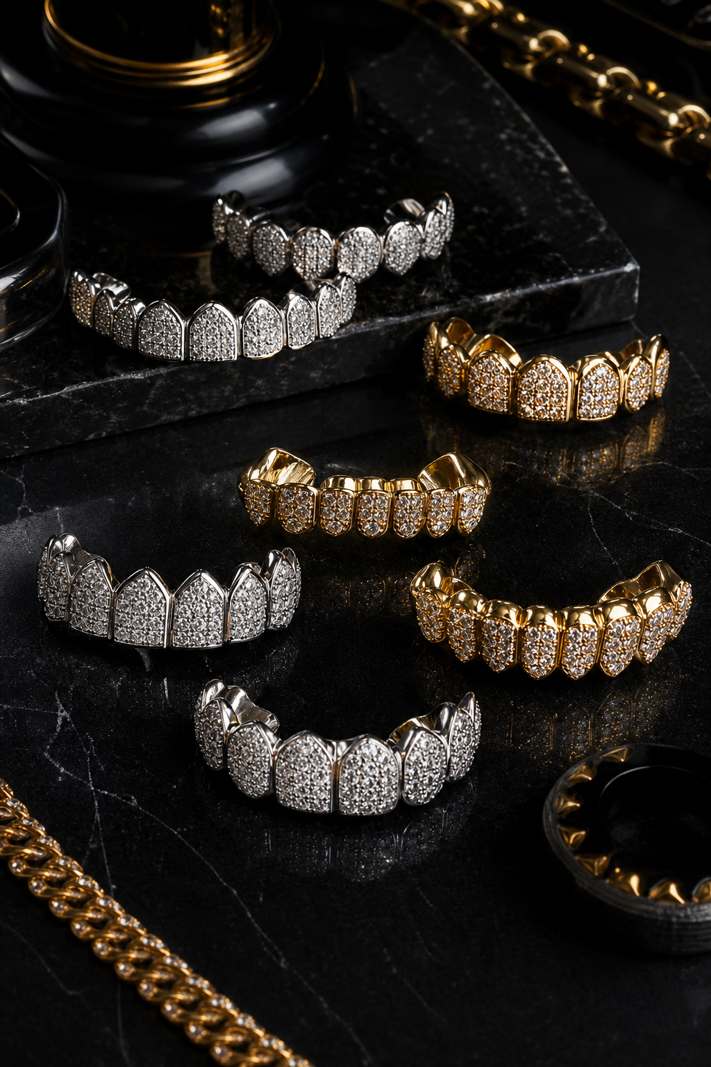Editorial street-fashion scene with premium Cubic Zirconia grillz accessories on a dark polished surface with metallic highlights