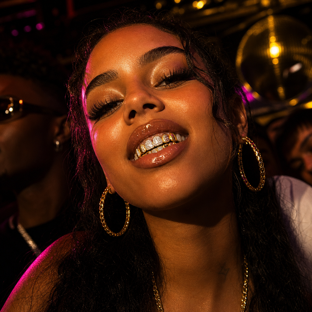 Close crop at a club showing gold plated half iced grillz with glossy makeup and strobe highlights