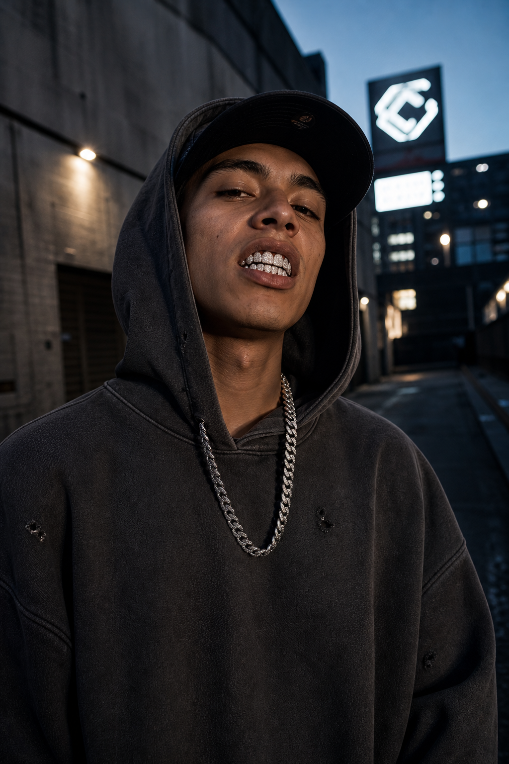 Streetwear portrait with oversized hoodie and silver plated CZ top grillz in an urban alley