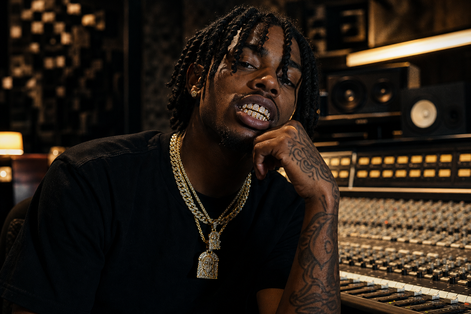 Artist in a recording studio with layered chains and polished cubic zirconia grillz reflecting warm console lights