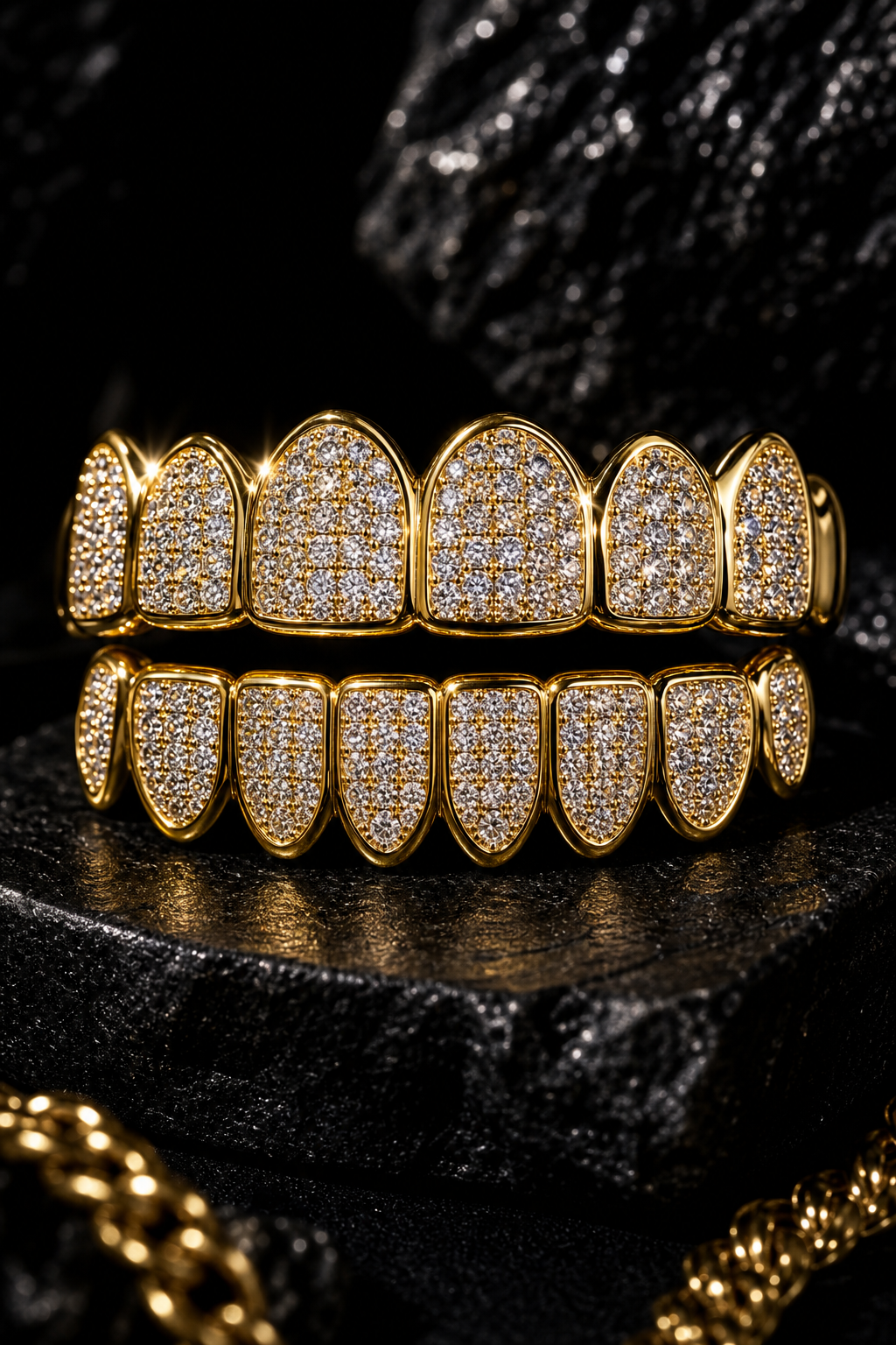 Close-up Cubic Zirconia iced-out grillz in a premium dark fashion product shot with polished shine