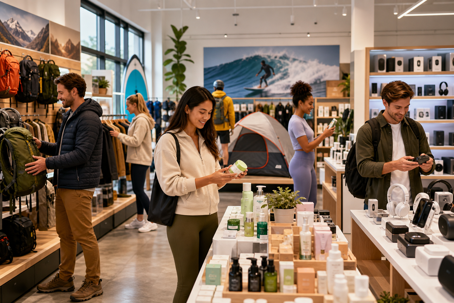 Energetic and trustworthy retail lifestyle scene with diverse shoppers browsing organized product displays for outdoor gear, beauty items, and gadgets in a modern store