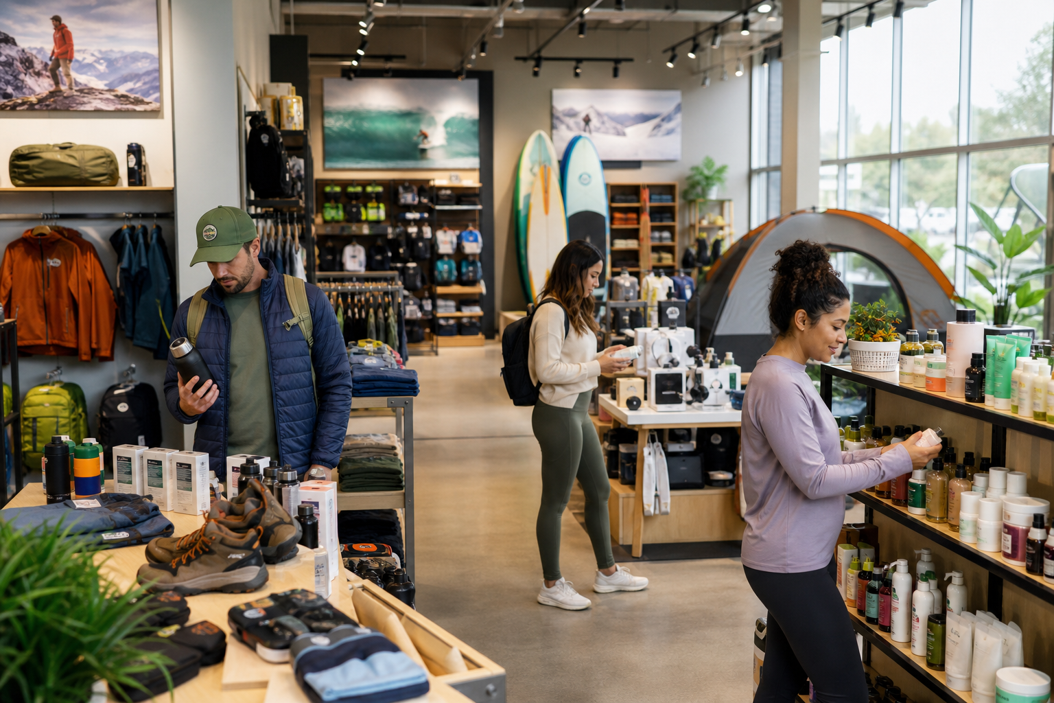 Energetic lifestyle retail scene with organized category zones and confident shoppers