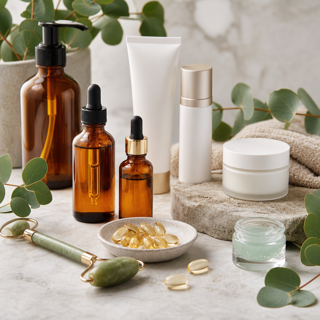 Beauty and wellness product arrangement with skincare bottles, serum drops, and herbal supplements