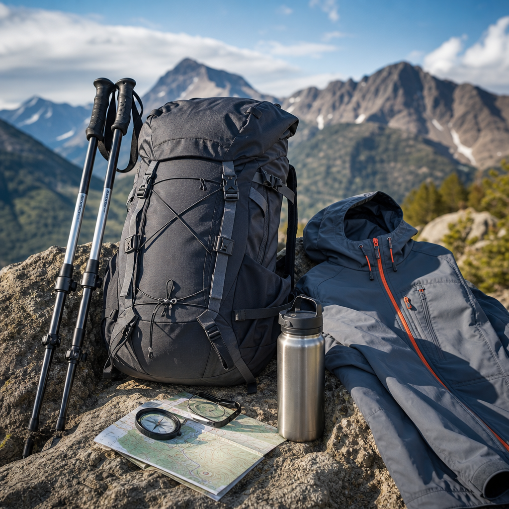 Hiking gear lifestyle scene with backpack, trekking poles, and mountain trail clothing