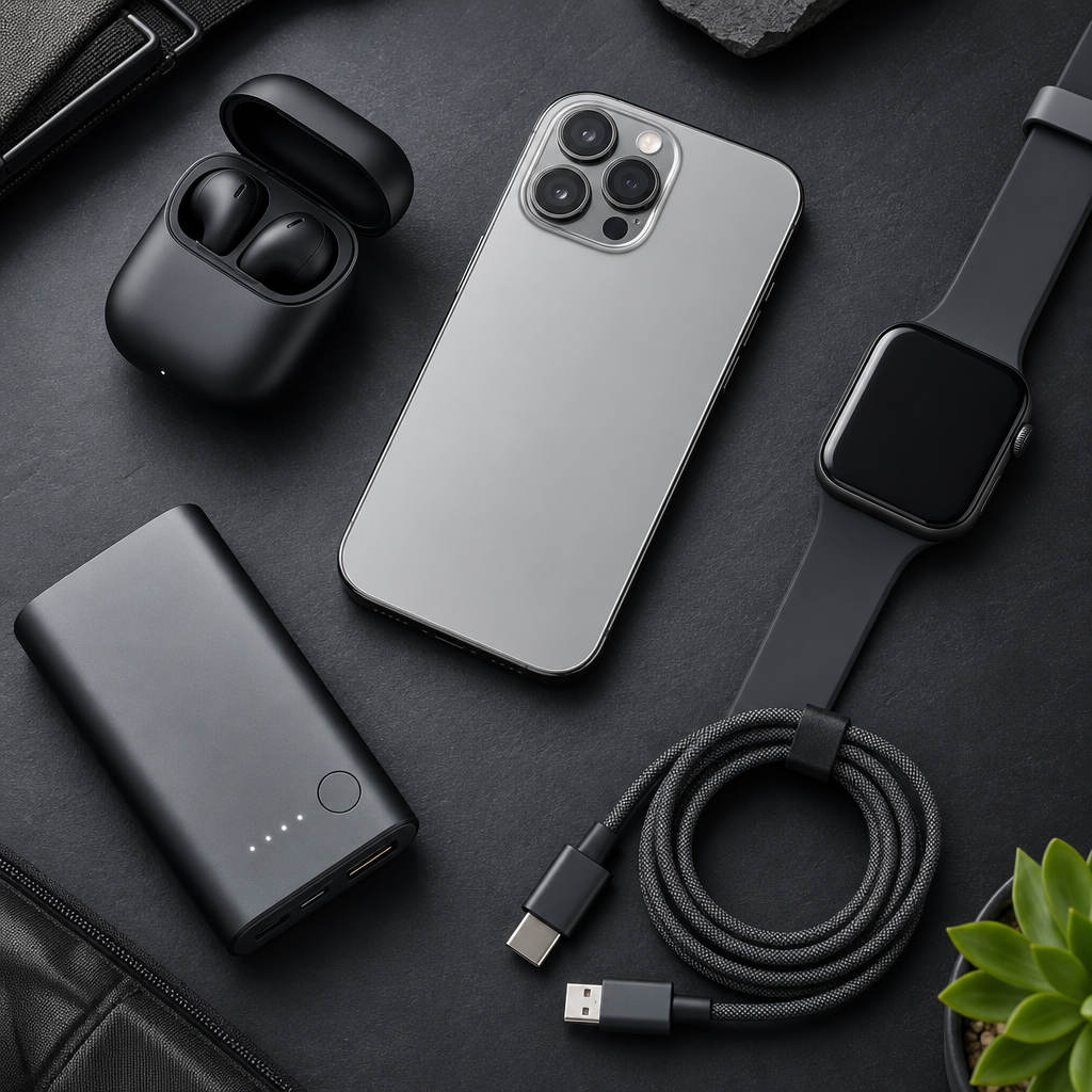 Modern gadgets flat-lay with wireless earbuds, smartwatch, phone, and compact accessories