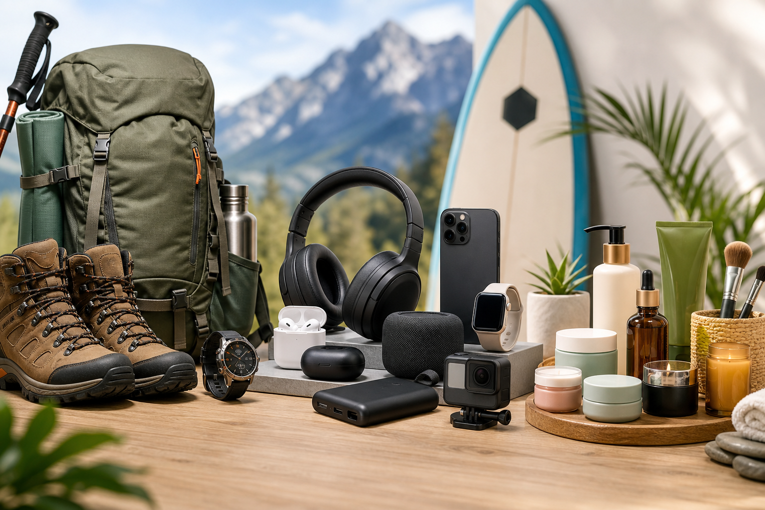 Commercial-style category banner showing organized shopping themes including outdoor gear, electronics, and wellness products