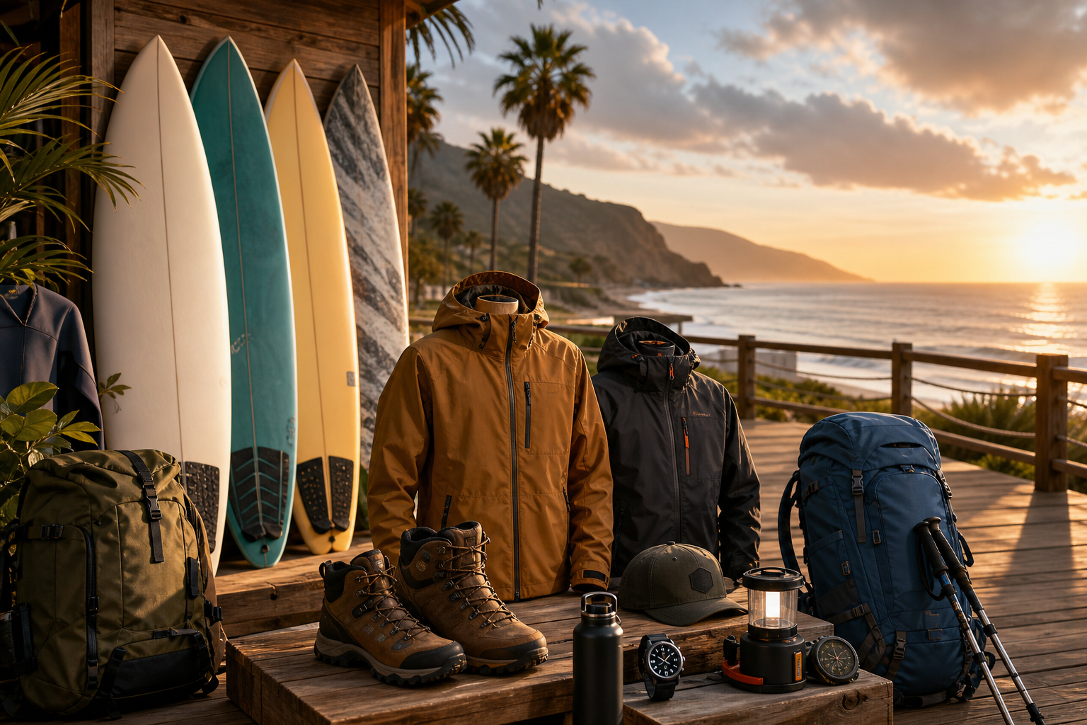 Wide surf and outdoor gear scene with boards, jackets, and trail accessories near the coast