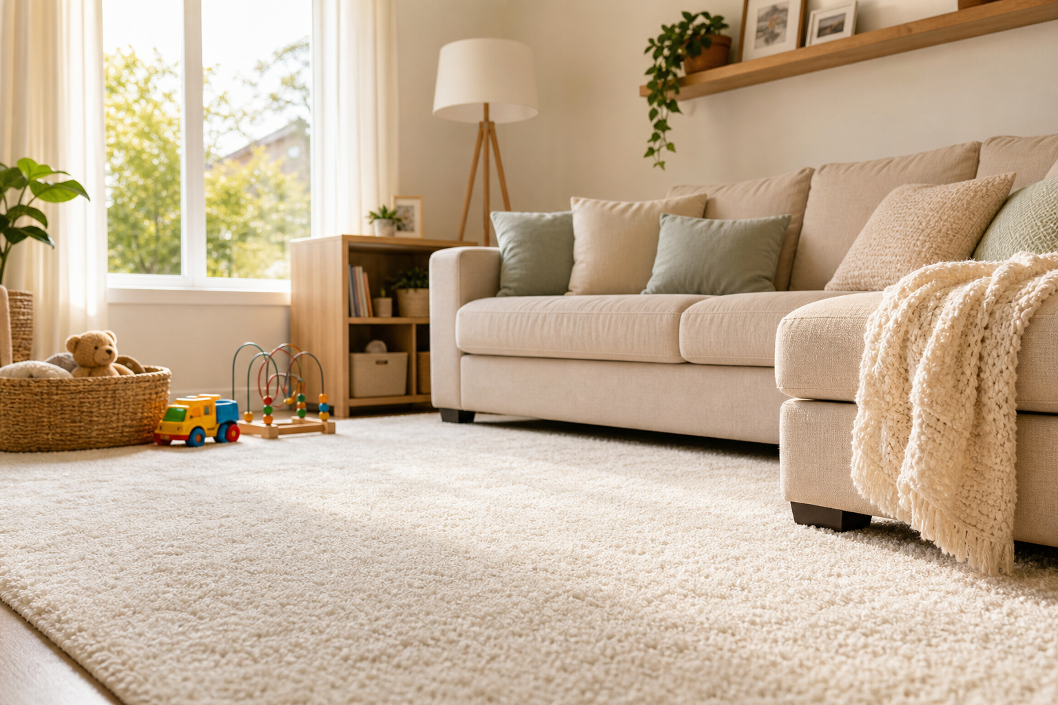Sala familiar acogedora con alfombra limpia, luz natural y ambiente cálido de hogar