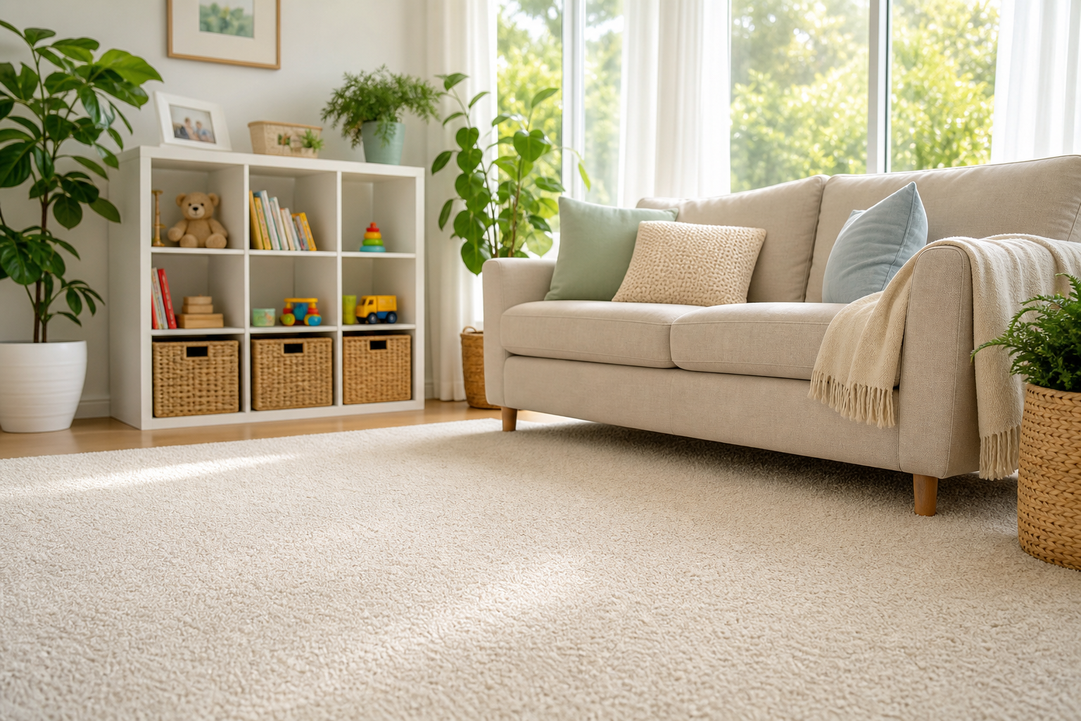 Sala familiar luminosa con alfombra limpia y ambiente hogareño
