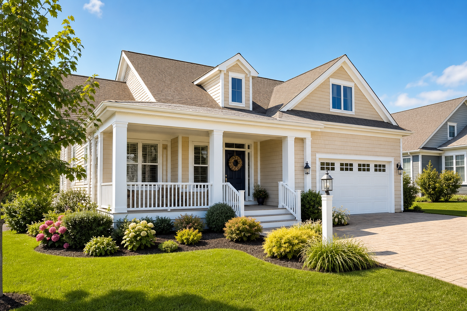 Sunlit coastal-style home with a welcoming porch and manicured front yard in a suburban neighborhood
