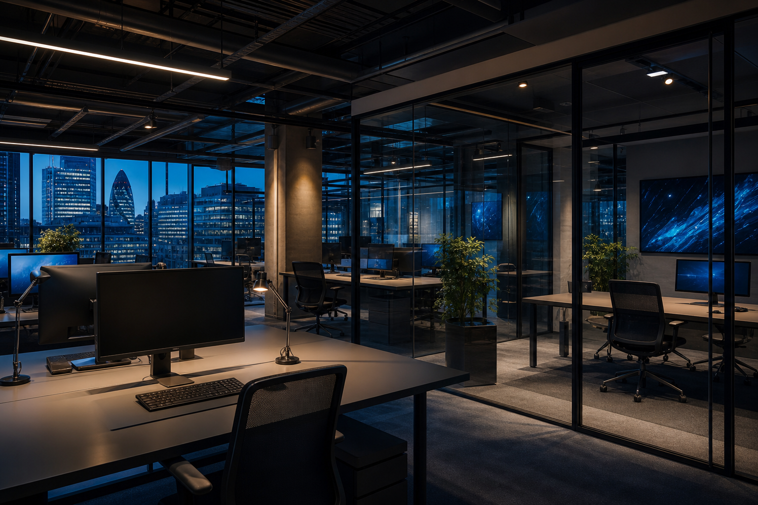 Realistic contemporary office interior with modern architecture, glass partitions, workstations, and subtle digital display lighting