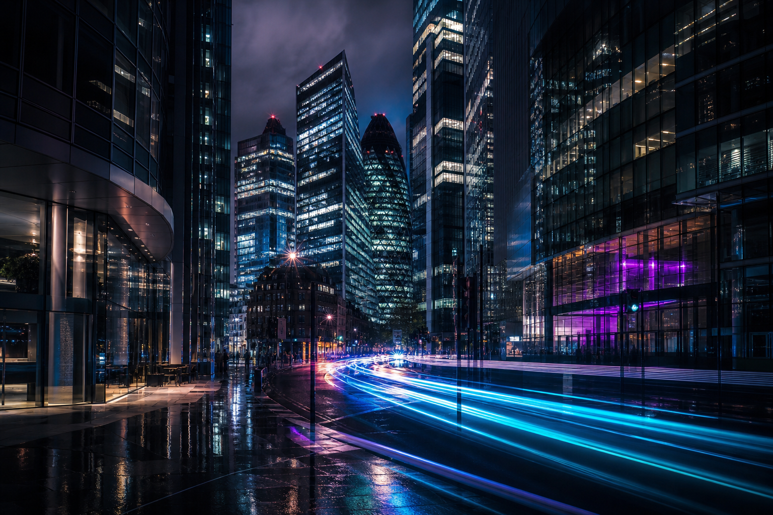 Wide cinematic view of contemporary London architecture at night with reflective glass facades, moody sky, and subtle urban light atmosphere