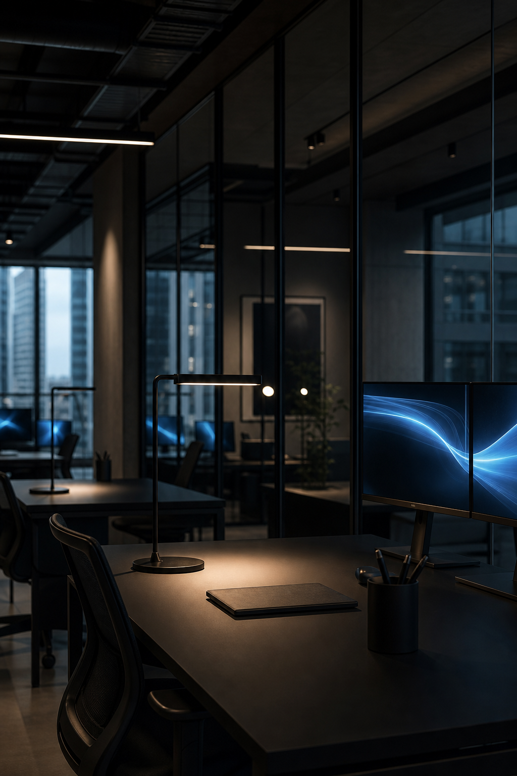Narrow photograph of a contemporary London workspace interior with glass partitions, desk lighting, and subtle digital screens