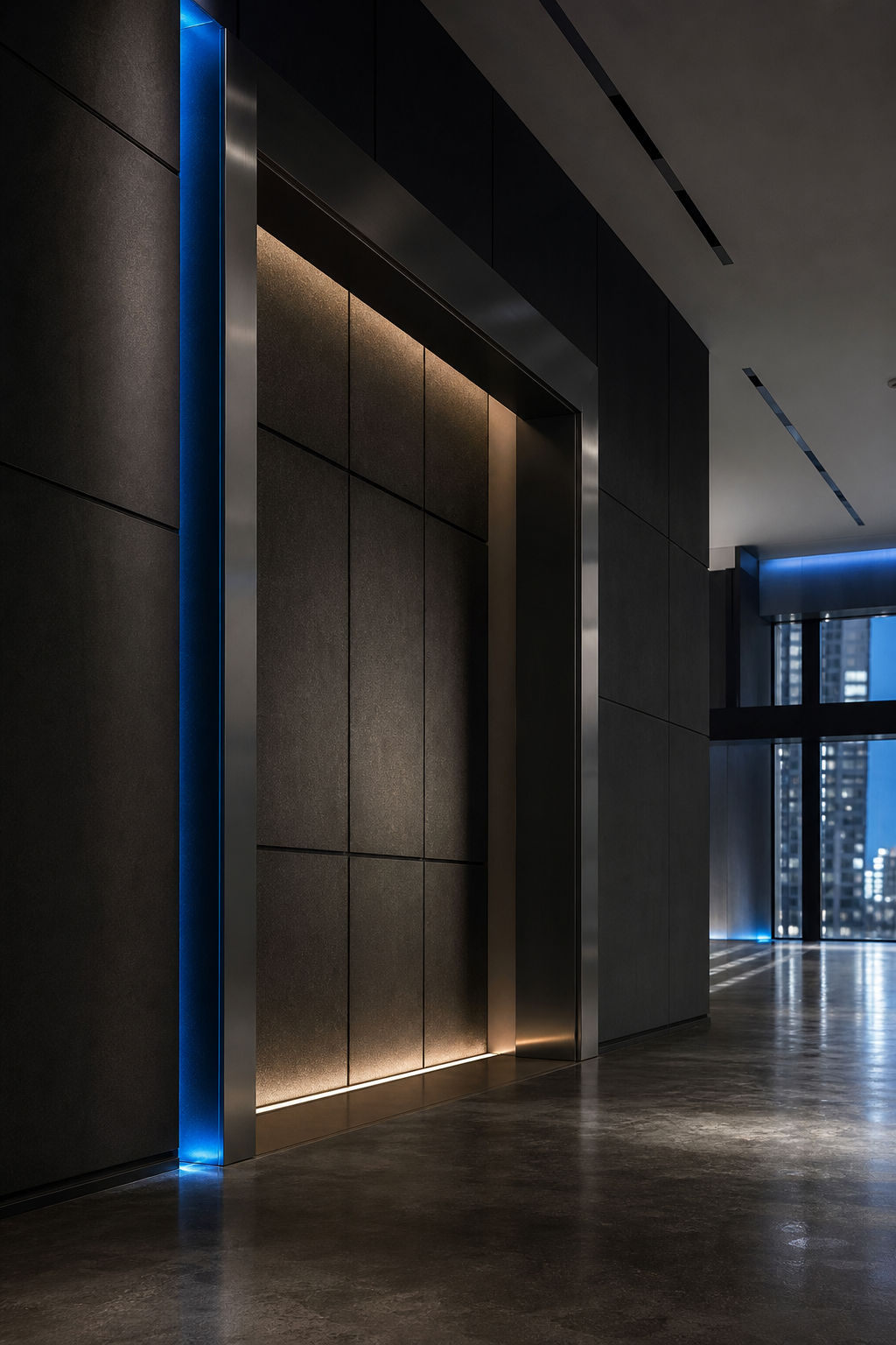 Contemporary architectural interior detail with clean lines, dark materials, and soft ambient lighting