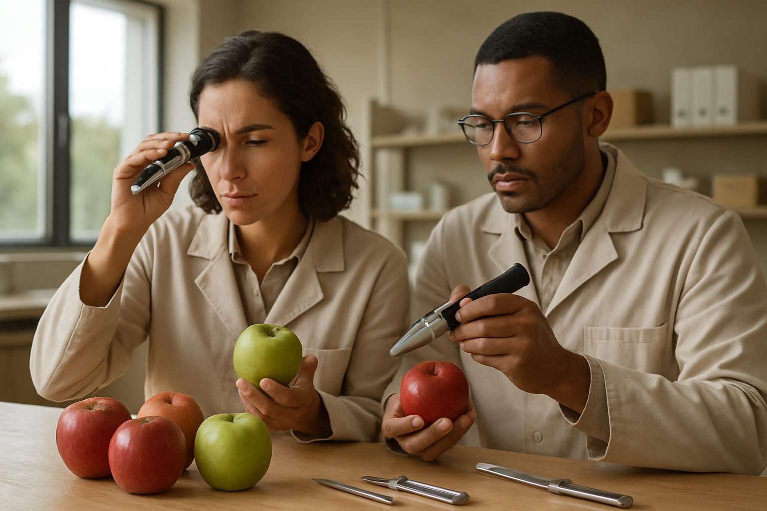 Quality technicians examining premium apples with instruments in a modern agricultural lab