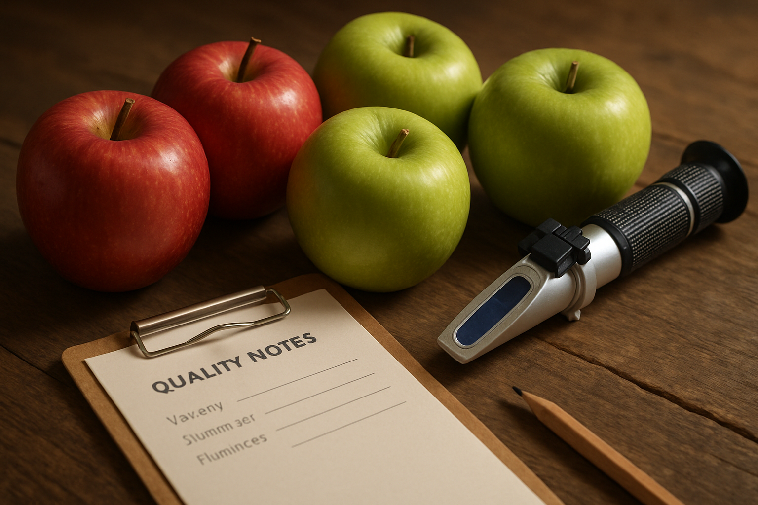Premium red and green apples arranged beside a handheld refractometer and quality notes on a rustic wooden table