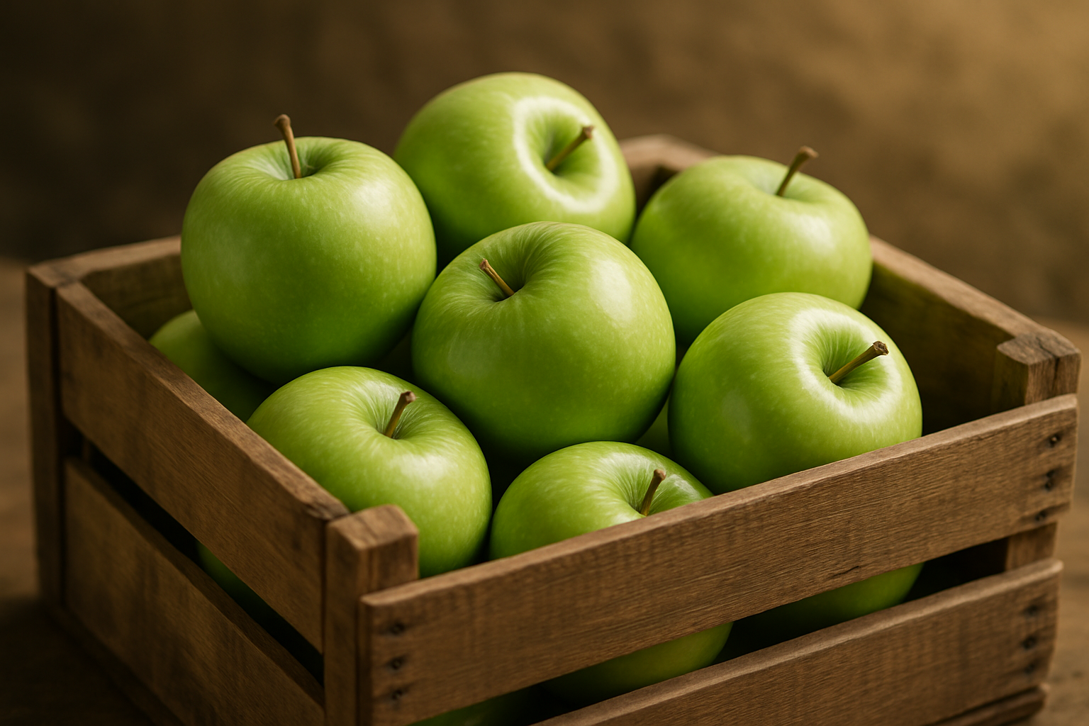 Fresh green apples with a crisp texture stacked in a wooden crate
