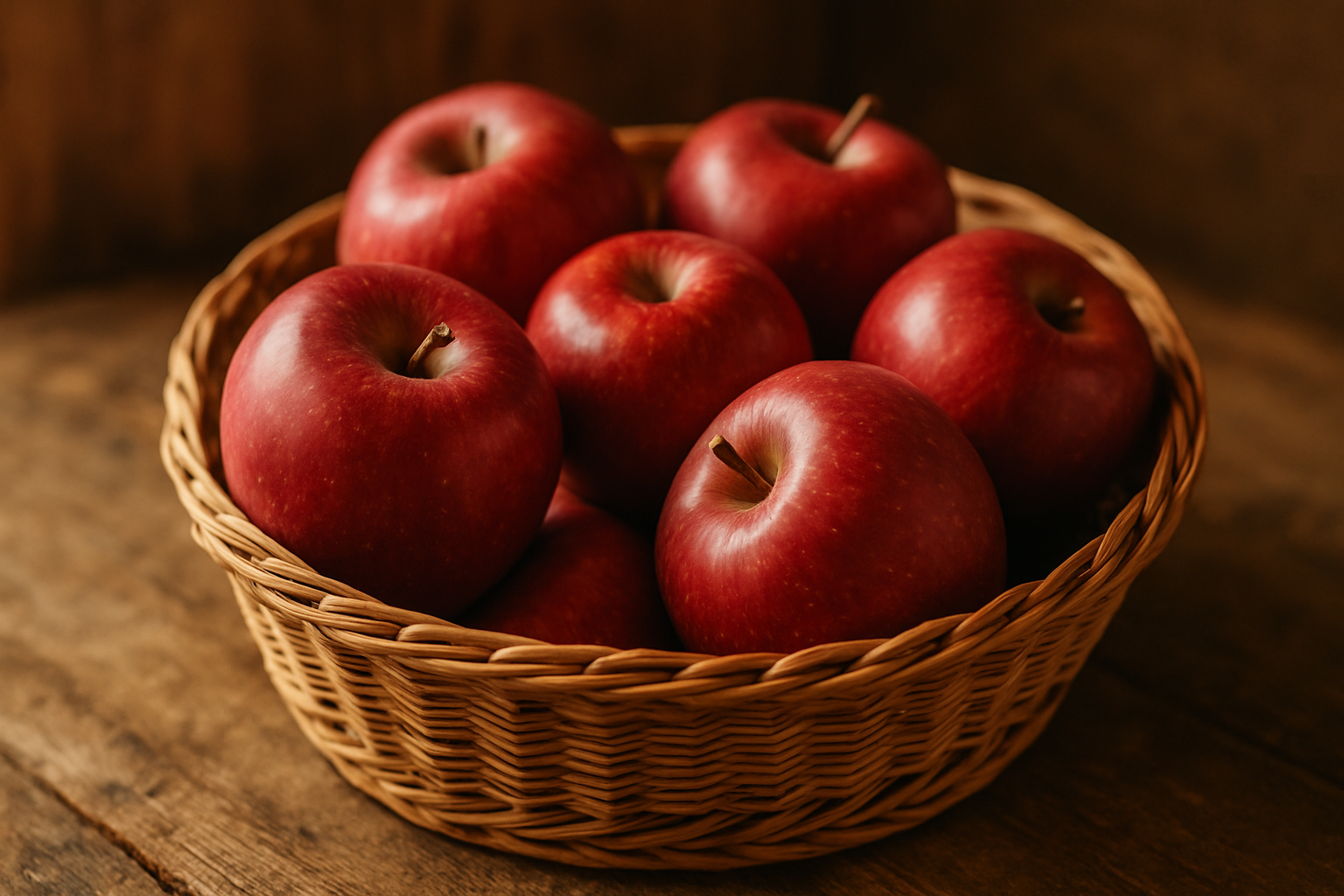 Deep red apples with subtle speckling in a woven basket on a rustic table
