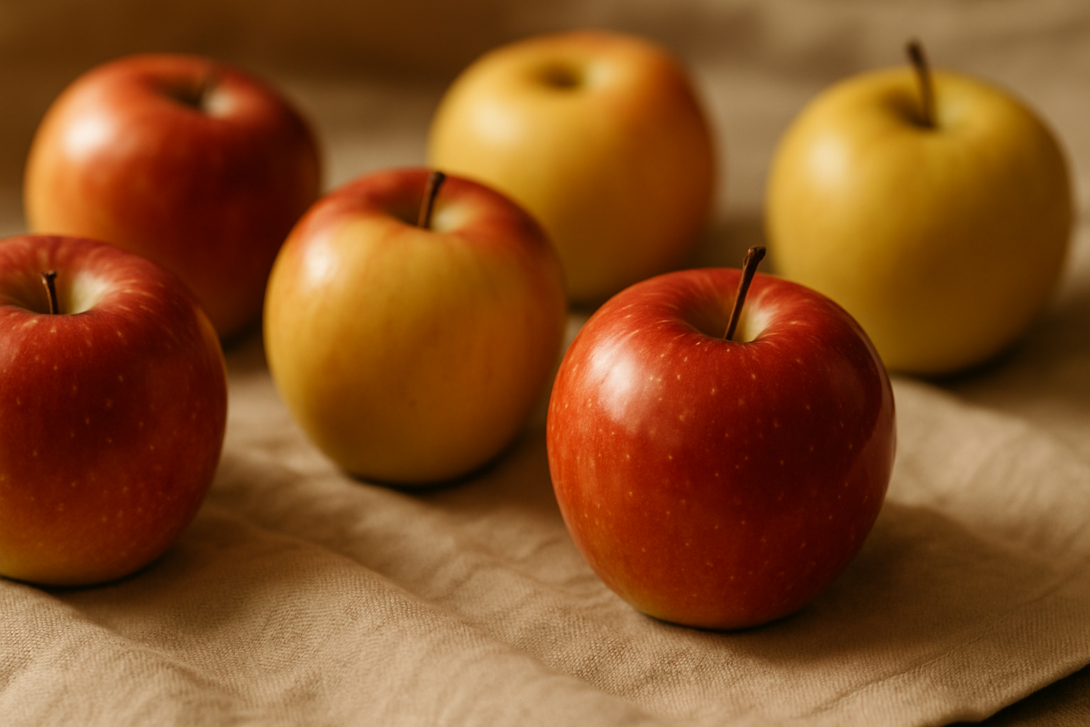 Red and yellow apples with a glossy finish arranged on linen