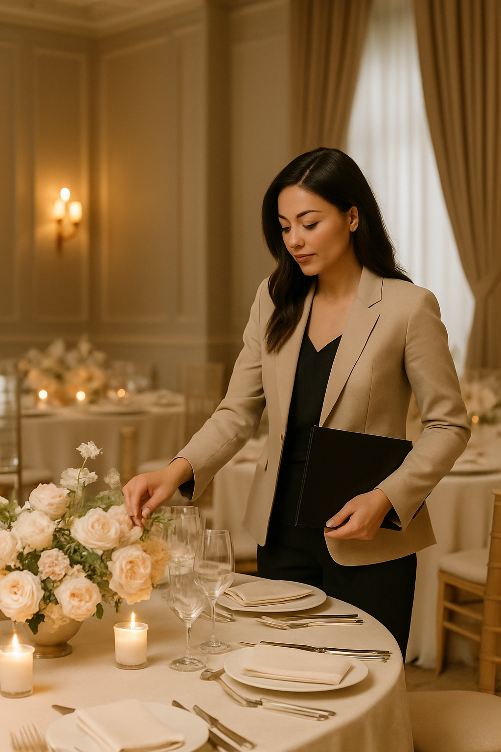 Elegant event planner reviewing a wedding reception setup with floral tables, soft candlelight, and coordinated place settings in a refined indoor venue