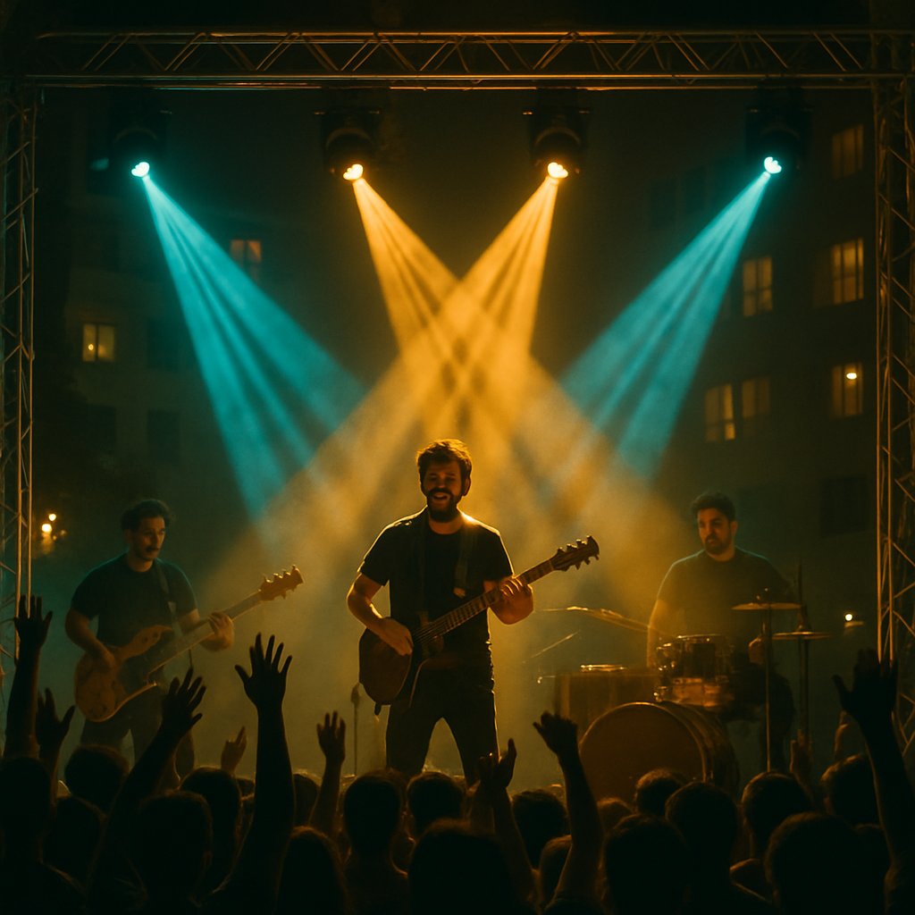 Live music night with energetic crowd waves, spotlight beams, and elevated DJ-performance staging at a premium city event