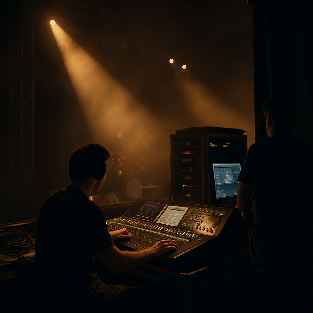 Backstage-ready concert production zone with control consoles, side-stage access, haze atmosphere, and synchronized lighting cues