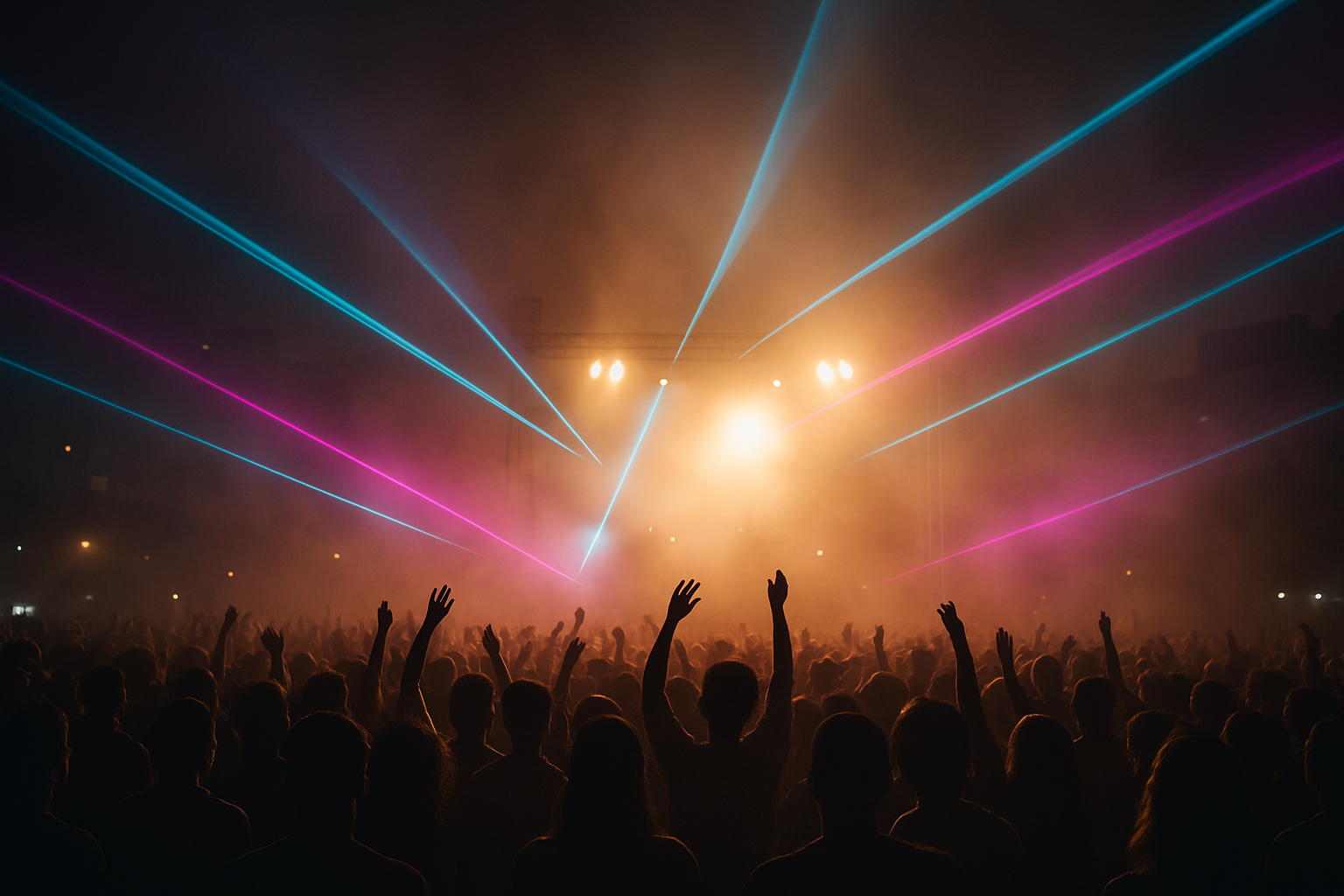Open-air concert crowd in Lahore with synchronized laser fans, raised hands, and dramatic haze under deep night lighting