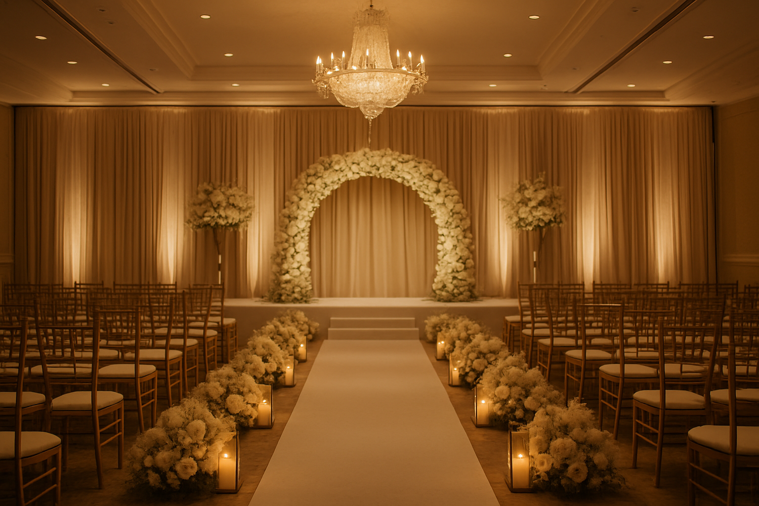Wedding reception staging with floral aisle, layered ambient lighting, elegant seating, and coordinated décor styling