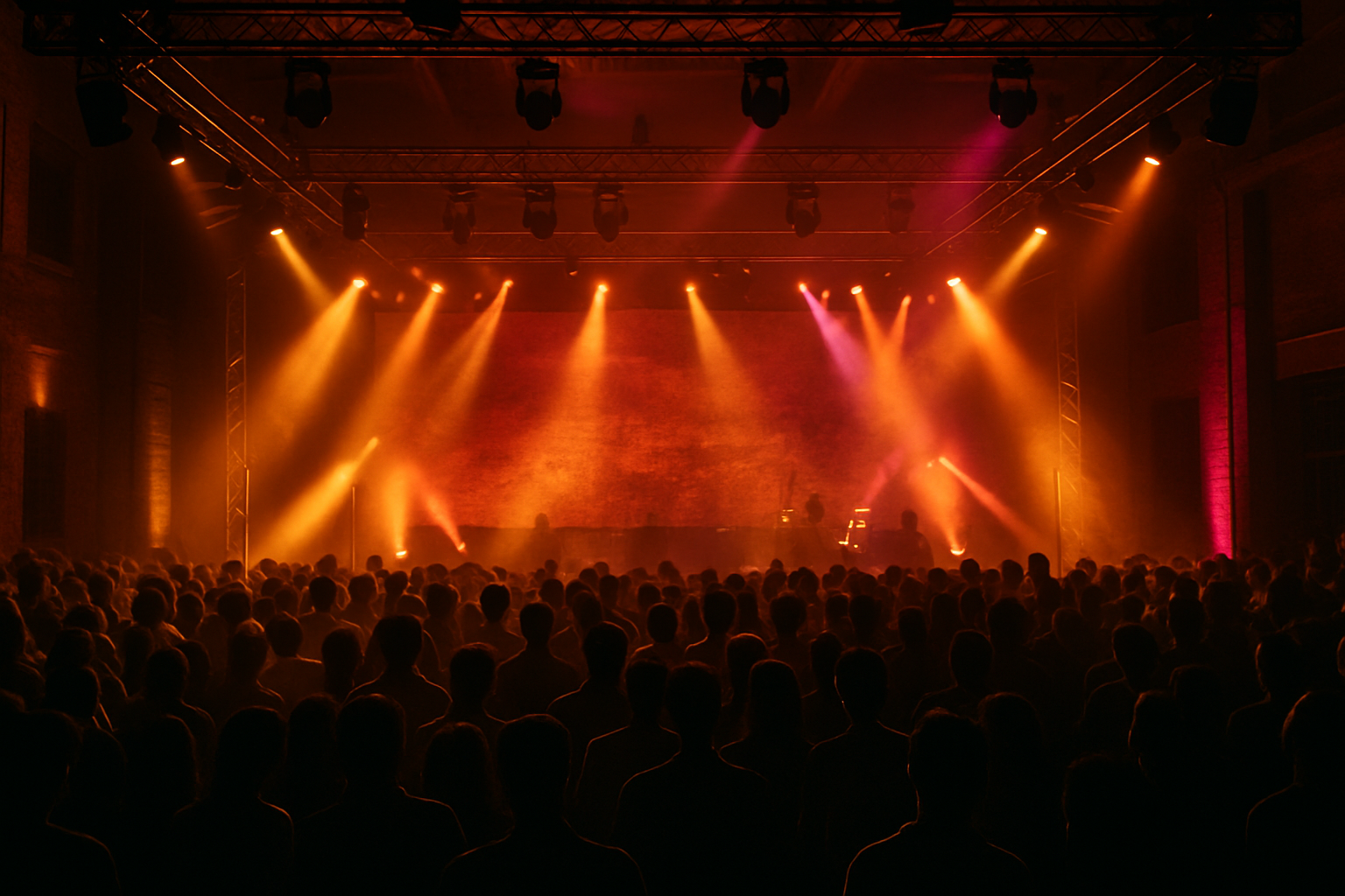 Headline concert setup with cinematic stage lighting, LED walls, truss rigging, and a dense youth crowd in an urban Pakistan night venue