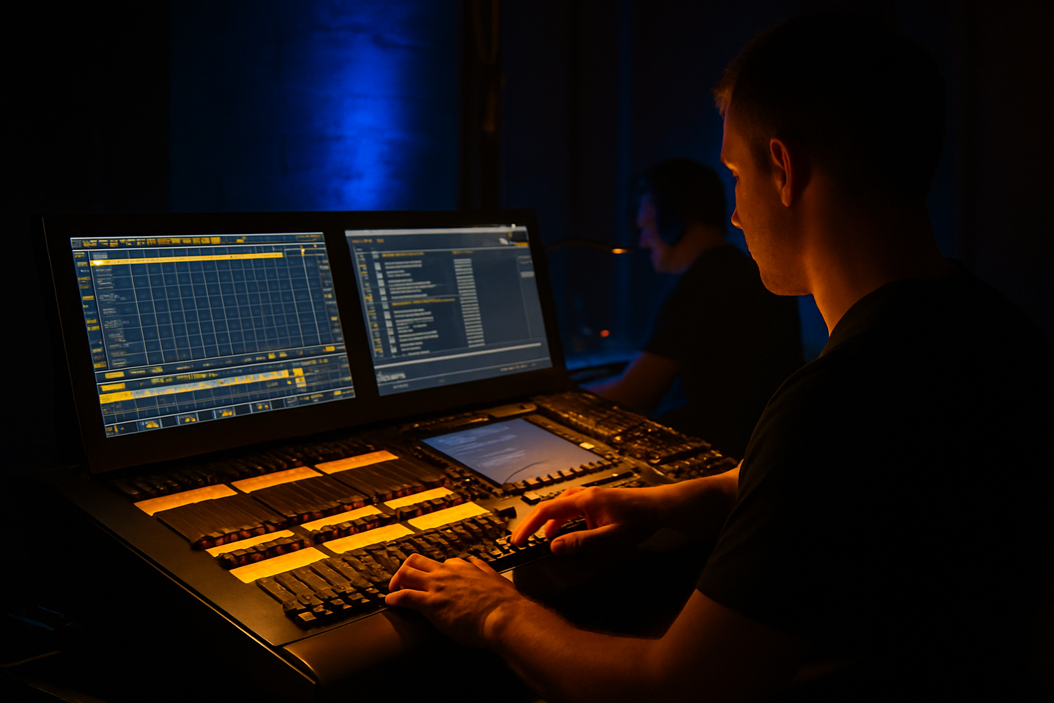 Concert lighting desk scene with timecoded cue sheets, illuminated control faders, and technicians managing a live production sequence