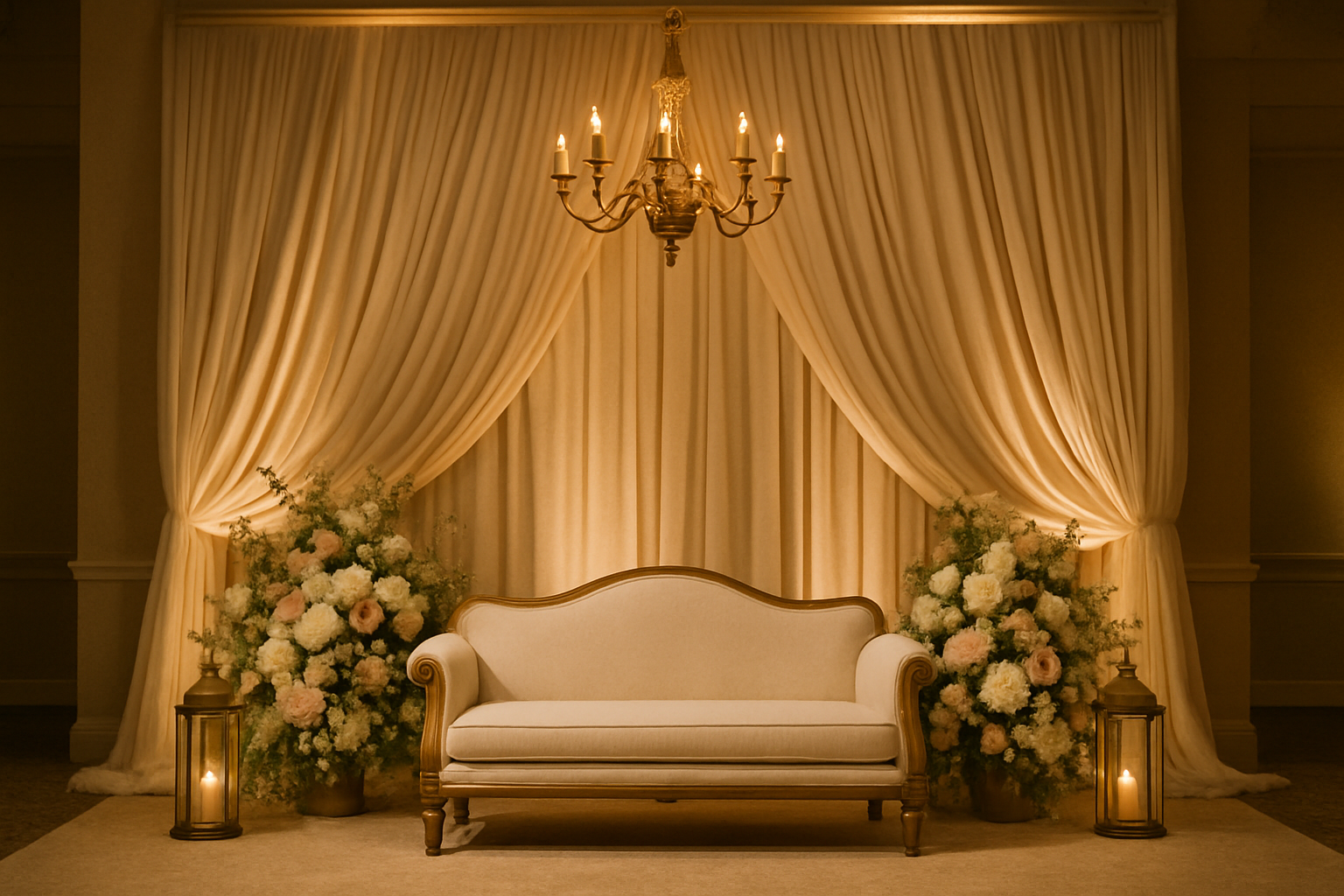 Elegant nikah lounge arrangement with ivory drapery, delicate florals, and layered brass accents in a high-end indoor venue