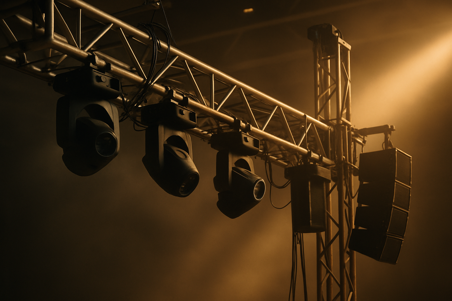 Close-up of professional truss rigging, moving-head fixtures, and suspended line arrays prepared for a large urban live event