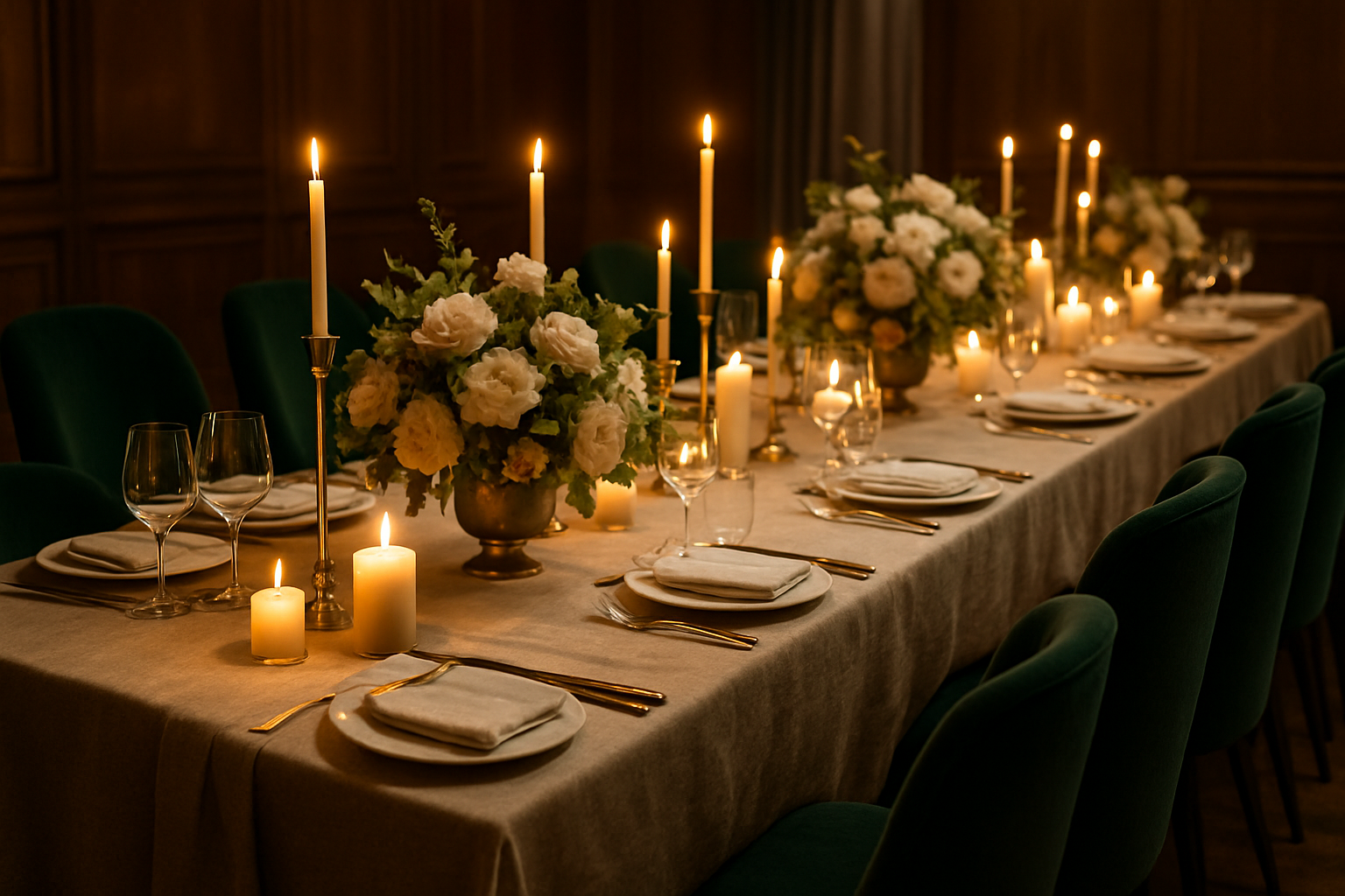 Private celebration dining setup with custom place settings, warm candle clusters, and coordinated velvet seating in a luxury banquet environment