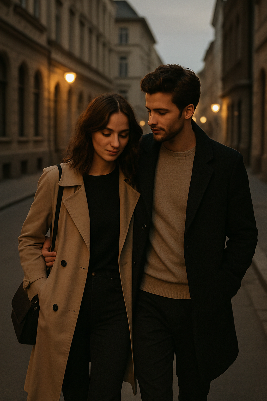 Couple walking across a quiet city street at dusk