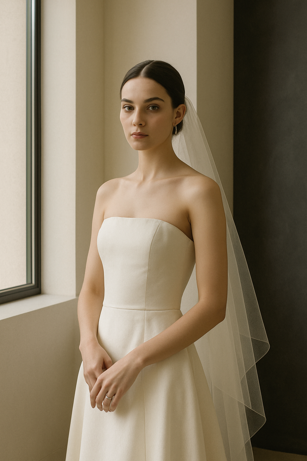Minimal editorial portrait of bride in clean architectural interior