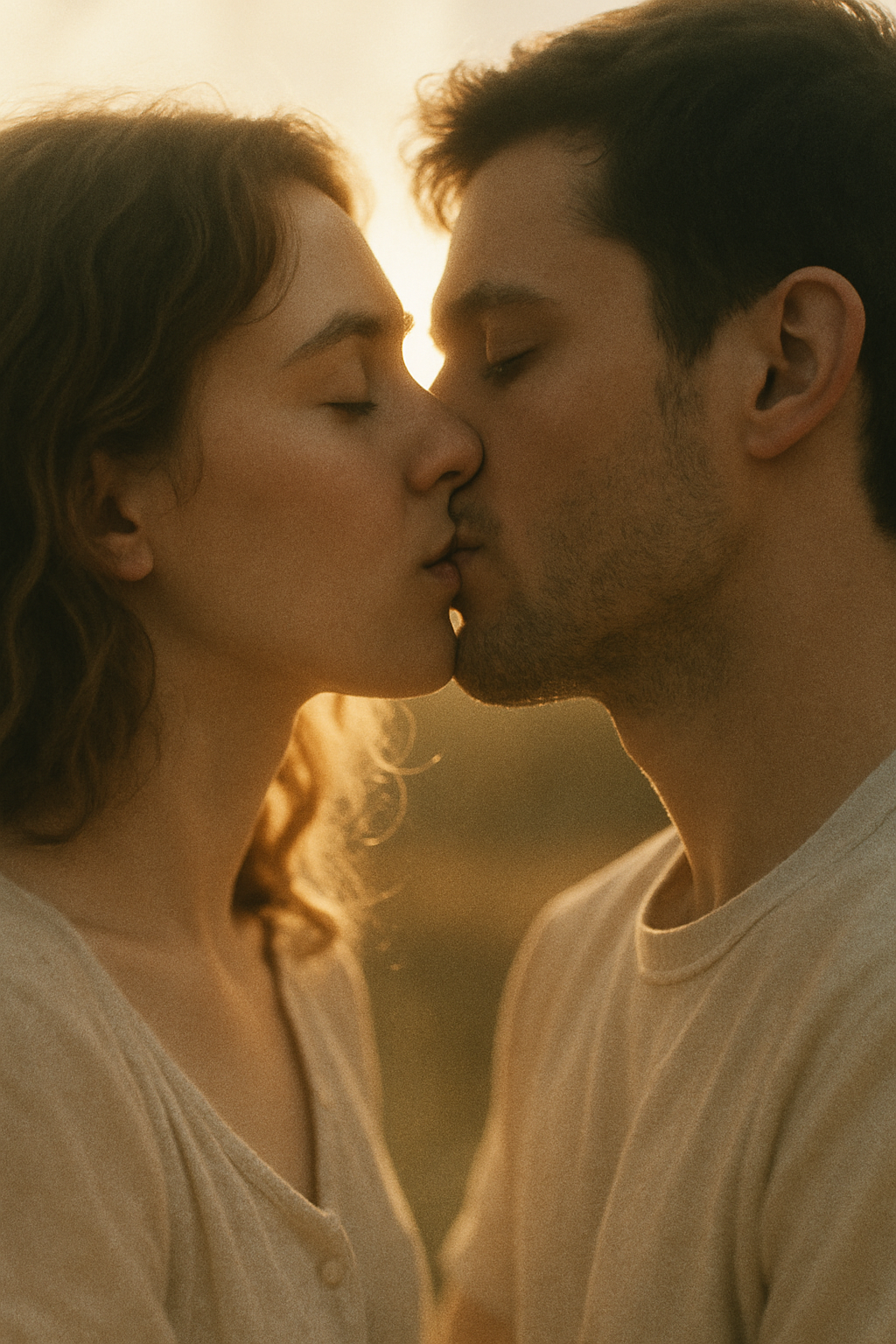 Soft film-like close-up of a couple kissing in warm backlight